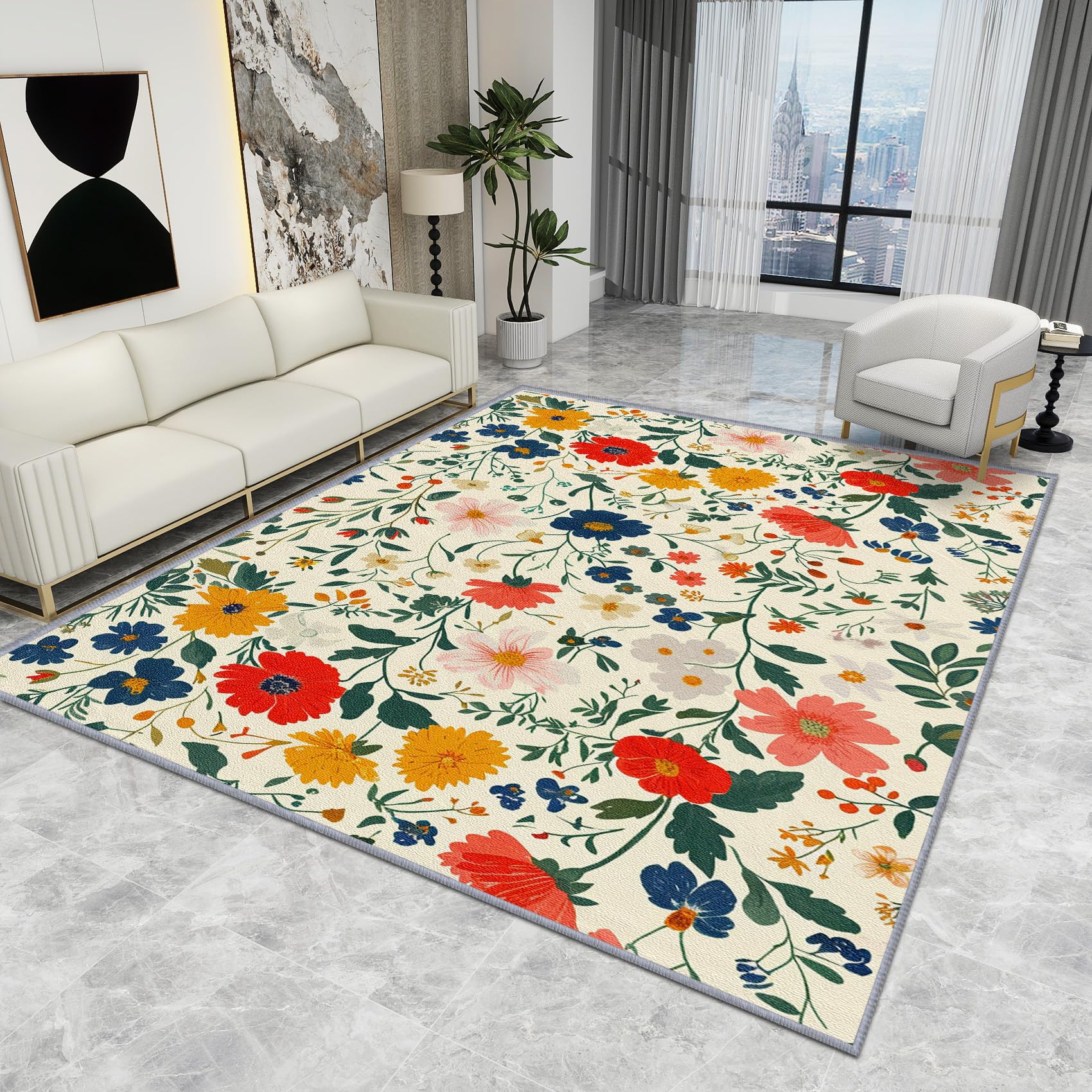 Floral Rugs Living Room Large 160x230 - Floral Rug - Colourful Flower Botanical Rugs, Multicolour Watercolour Wildflower Carpet, Washable Rug Non Slip Area Rugs, Floral Home Decor Gifts, 80 X 150 cm