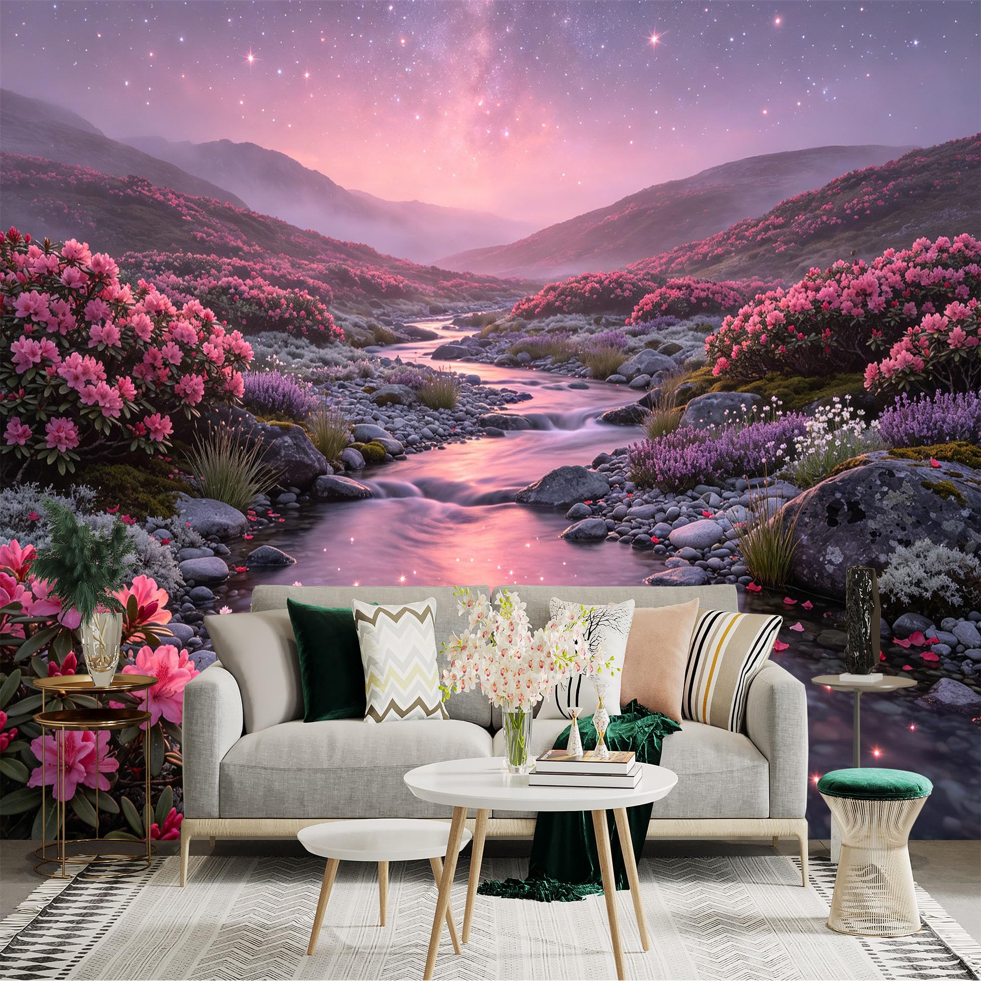 Lnzczhyre Bh260719765 Custom Size Wall Sticker Mural， Pink Floral Landscape With Misty River， Starlit Sky， Blooming Azaleas， For Wall Decoration， Peelandstick Wall Decals.