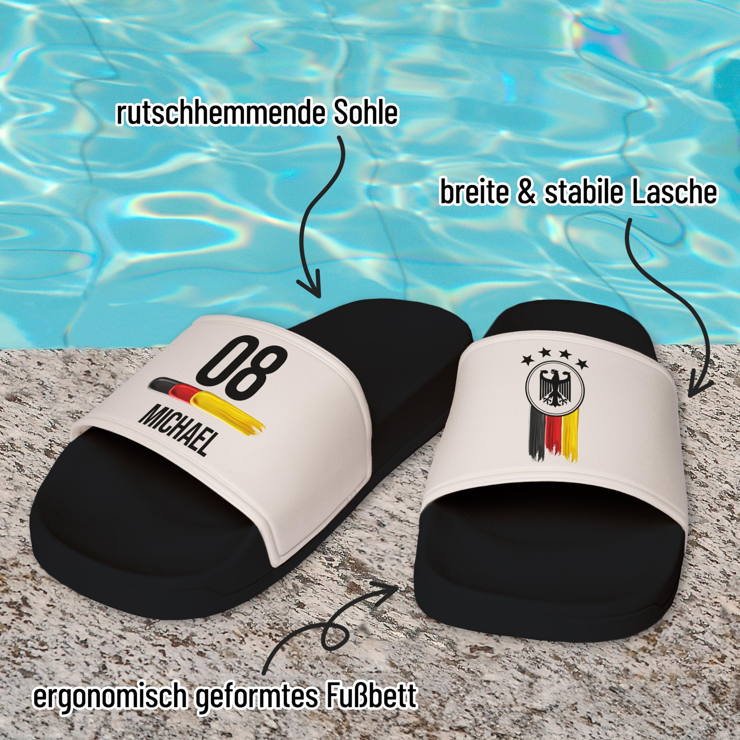 True Statements Deutschland Badelatschen - personalisiert mit Zahl & Namen - EM WM Fußball Fanartikel - Badeschlappen Herren Damen Kinder - Fan Geschenk - aus robustem PVC - Größen 28-47