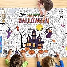 Giant Halloween Coloring Tablecloth for Kids, Large 30x72 Inch Poster with Haunted House, Pumpkins, Ghosts, Bats, Arts Crafts Games Indoor Activities for Halloween Party, Classroom Fun