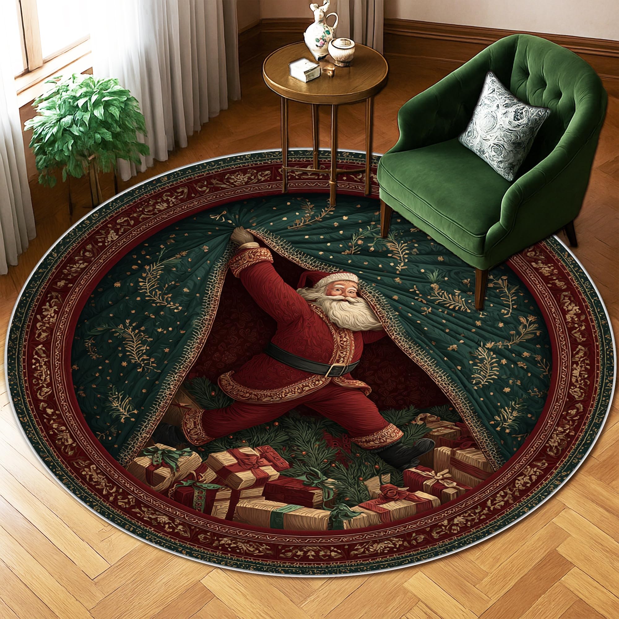 Weihnachtsmann-Teppich, weihnachtliche Geschenke, Vorhang, Weihnachtsmotiv, rutschfeste Unterseite, farbecht, ästhetische Teppiche für Wohnzimmer, Schlafzimmer, Flur, Büro, Dekoration, 1,8 x 1,8 m