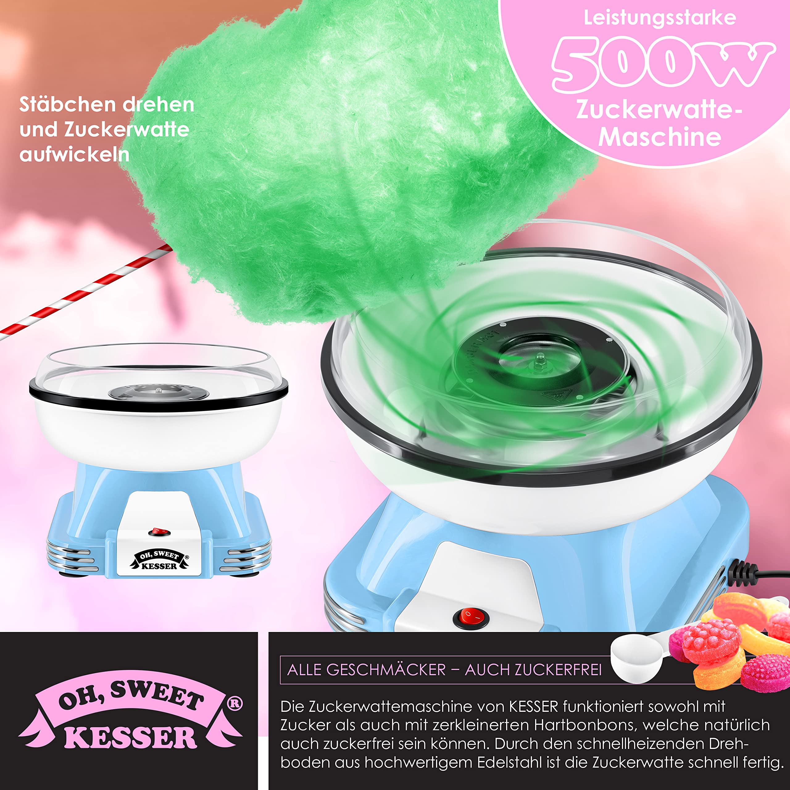 KESSER Suikerspinmachine set voor je huis, met 30 x suikerspinstaafjes en maatlepels, retro katoenen snoepmachine, suikerspinmachine met accessoires, hoogte 22 cm, 500 W, roze/wit