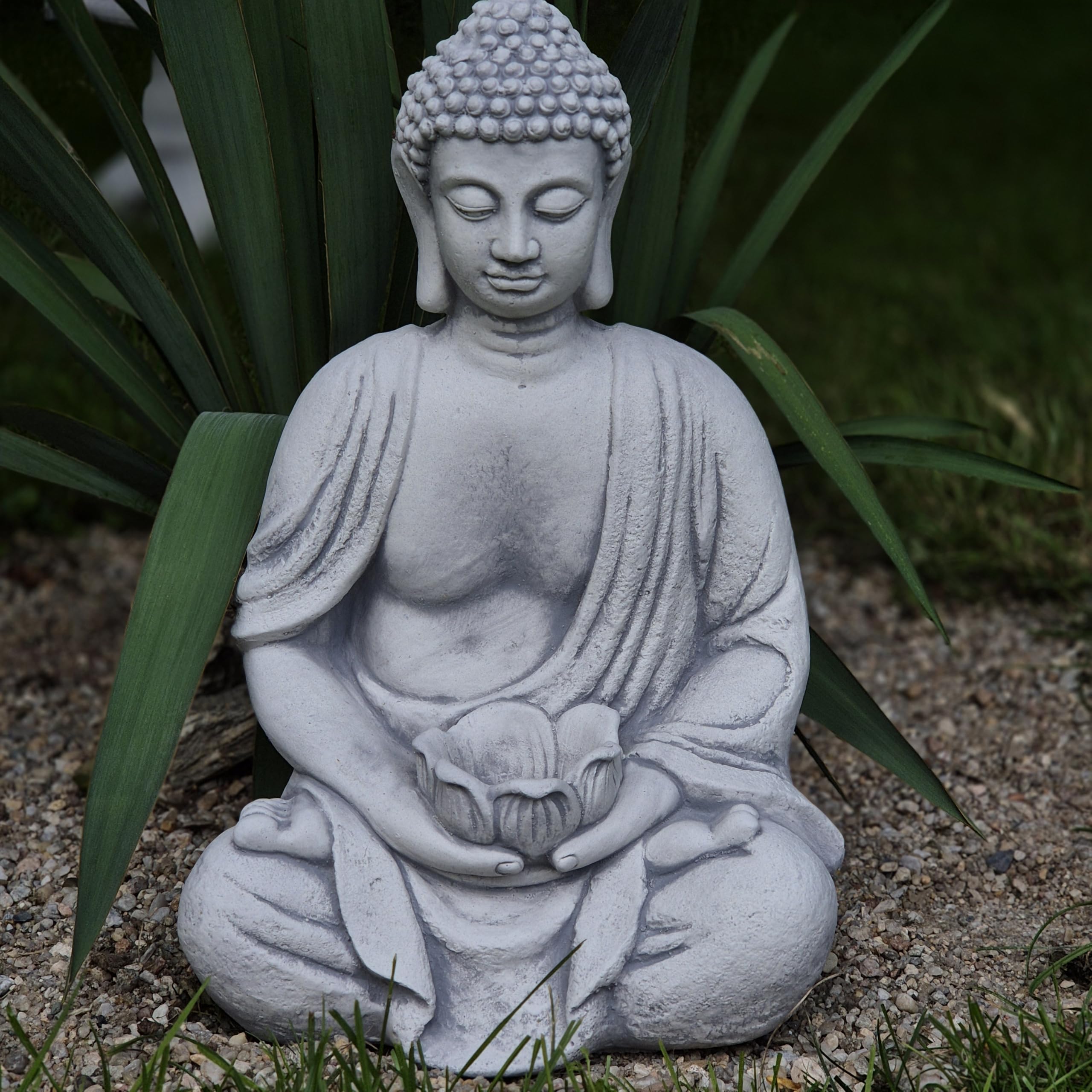 FABRIQ Duży masywny Budda z małą doniczką w dłoniach, masywna figurka, do ogrodu Zen, odporna na warunki atmosferyczne