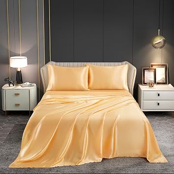 Satin Sheets Set, Queen Size, Gold, 4 Pieces