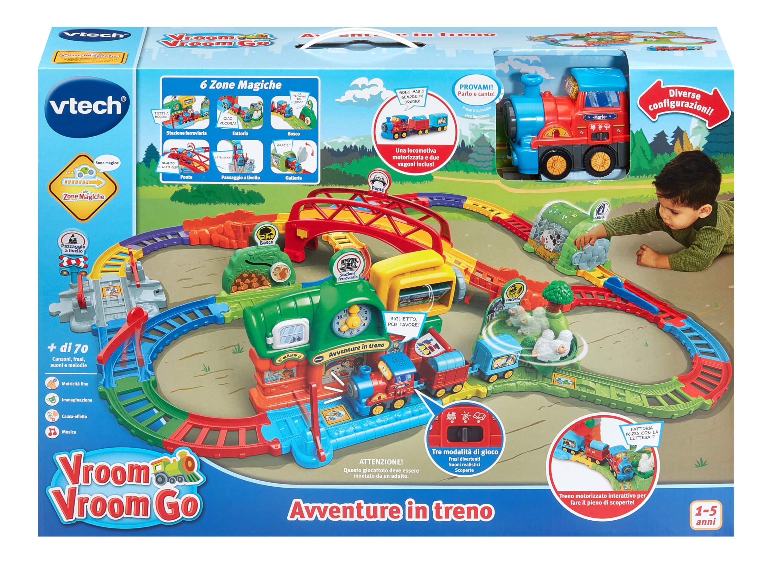 VTech Vroom Vroom Go przygody pociągiem, tor elektryczny z przeszkodami, w tym lokomotywa motoryzowana i wagony, 6 magicznych stref, włoski, baterie w zestawie, 1-5 lat