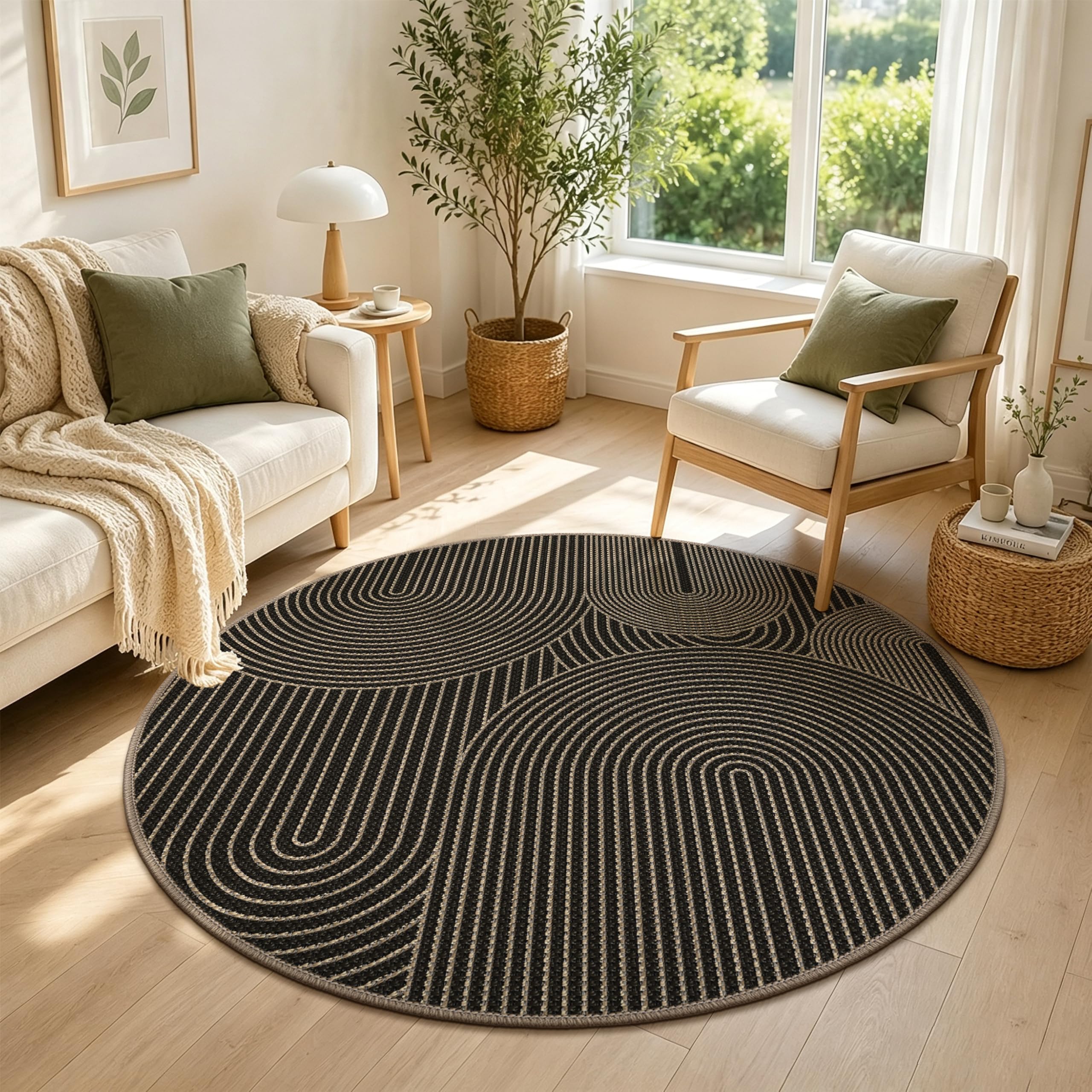 Tappeto rotondo da 120 cm, effetto iuta, antiscivolo, per esterni, lavabile, minimalista, bohémien, per camera da letto, soggiorno e balcone, colore nero