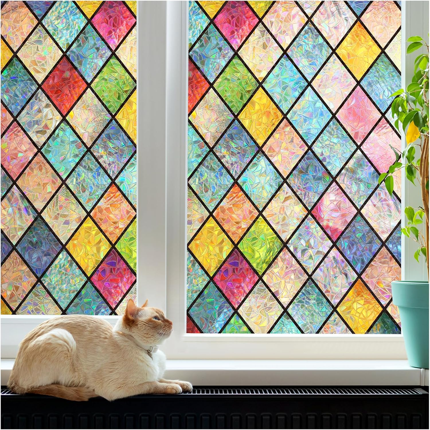 rabbitgoo Stained Glass Window Film Privacy Film for Glass Windows Static Cling, Rainbow Stickers UV Glare Blocking, Decorative Coverings Decals Lattice for Home, Multicolor, 60×400 cm