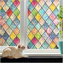 rabbitgoo Stained Glass Window Film Privacy Film for Glass Windows Static Cling, Rainbow Stickers UV Glare Blocking, Decorative Coverings Decals Lattice for Home, Multicolor, 44.5x200 cm