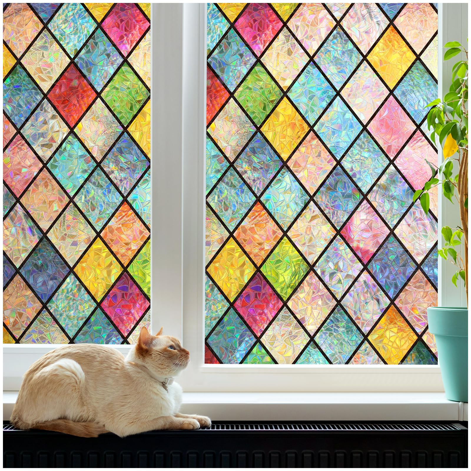rabbitgooStained Glass Window Film Privacy Film for Glass Windows Static Cling, Rainbow Stickers UV Glare Blocking, Decorative Coverings Decals Lattice for Home, Multicolor, 90x200 cm