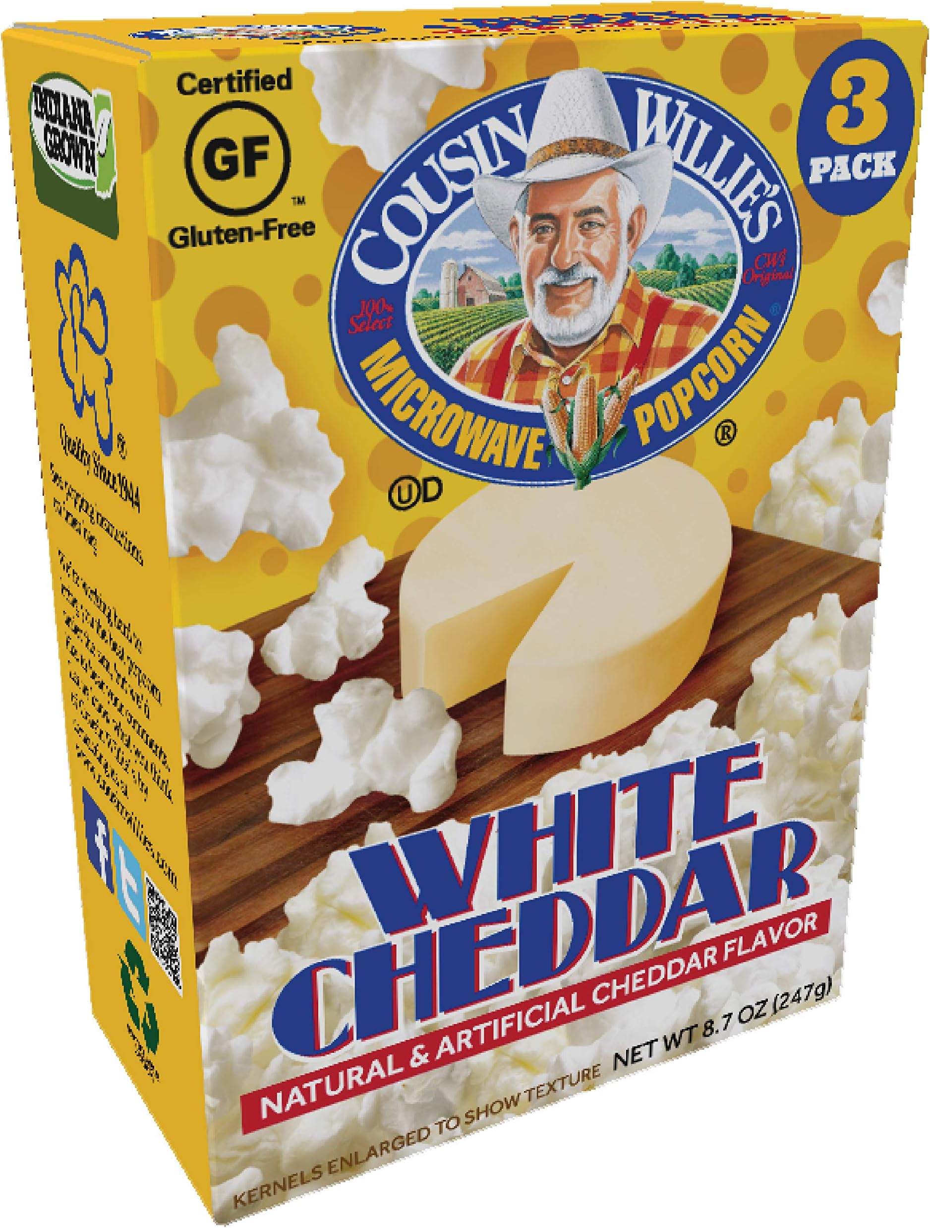 Cousin Willie's Simply Better White Cheddar Popcorn (3 Pack, 8.7oz) - Unbeatable Flavor - Cholesterol Free - Made in the USA