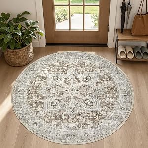 Tortania 5' Round Area Rug Living Room Rugs - Washable Boho Rug Vintage Oriental Distressed Farmhouse Large Thin Indoor Carpet for Bedroom Under Dining Table Home Office - Brown Blue