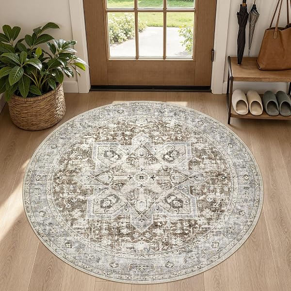 Tortania 5' Round Area Rug Living Room Rugs - Washable Boho Rug Vintage Oriental Distressed Farmhouse Large Thin Indoor Carpet for Bedroom Under Dining Table Home Office - Brown Blue