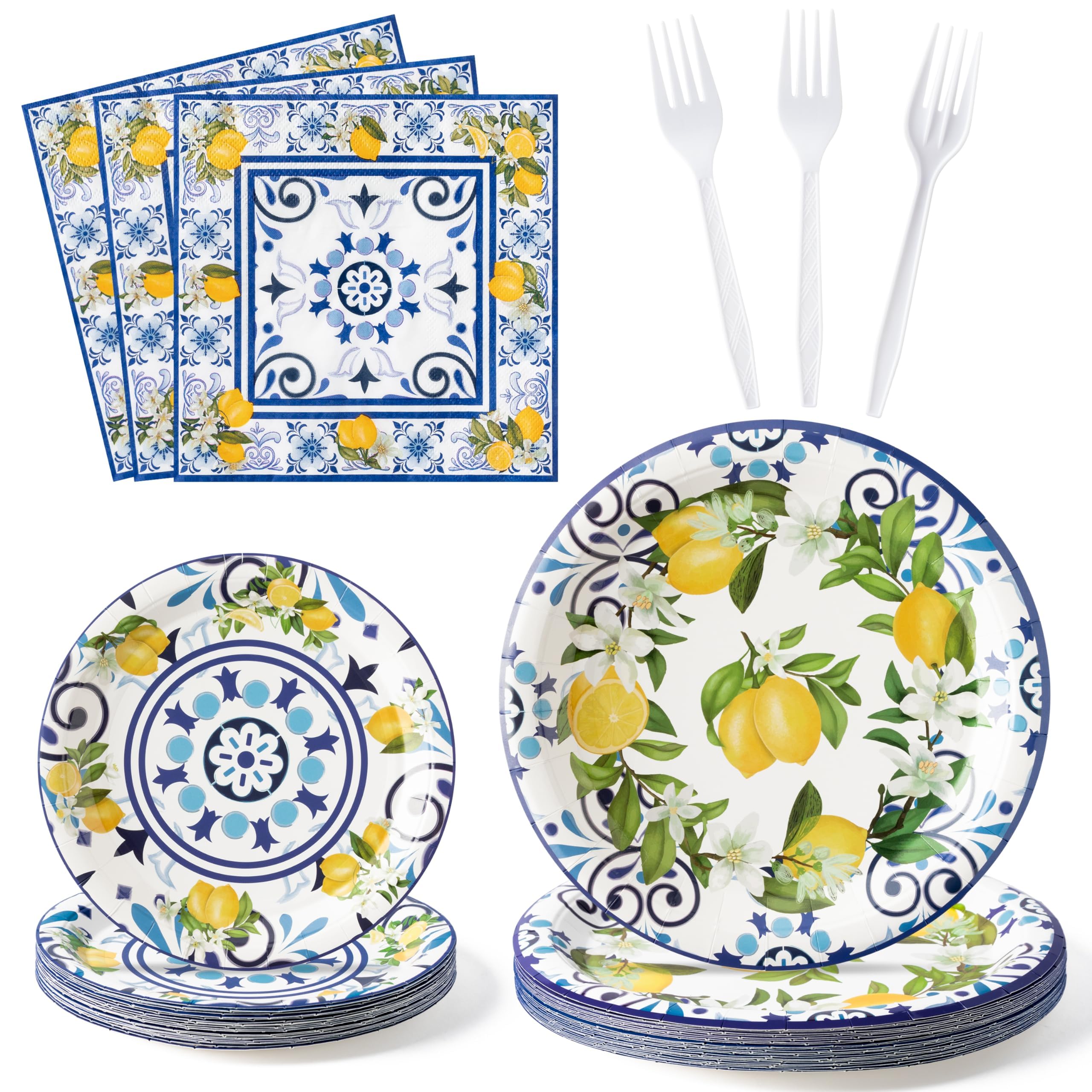 G1ngtar 96Pcs Capri Lemon Blue Tiles Yellow Lemon Summer Citrus Fruit Party Plates Supplies Tableware Decorations Disposable Paper Plates Napkins