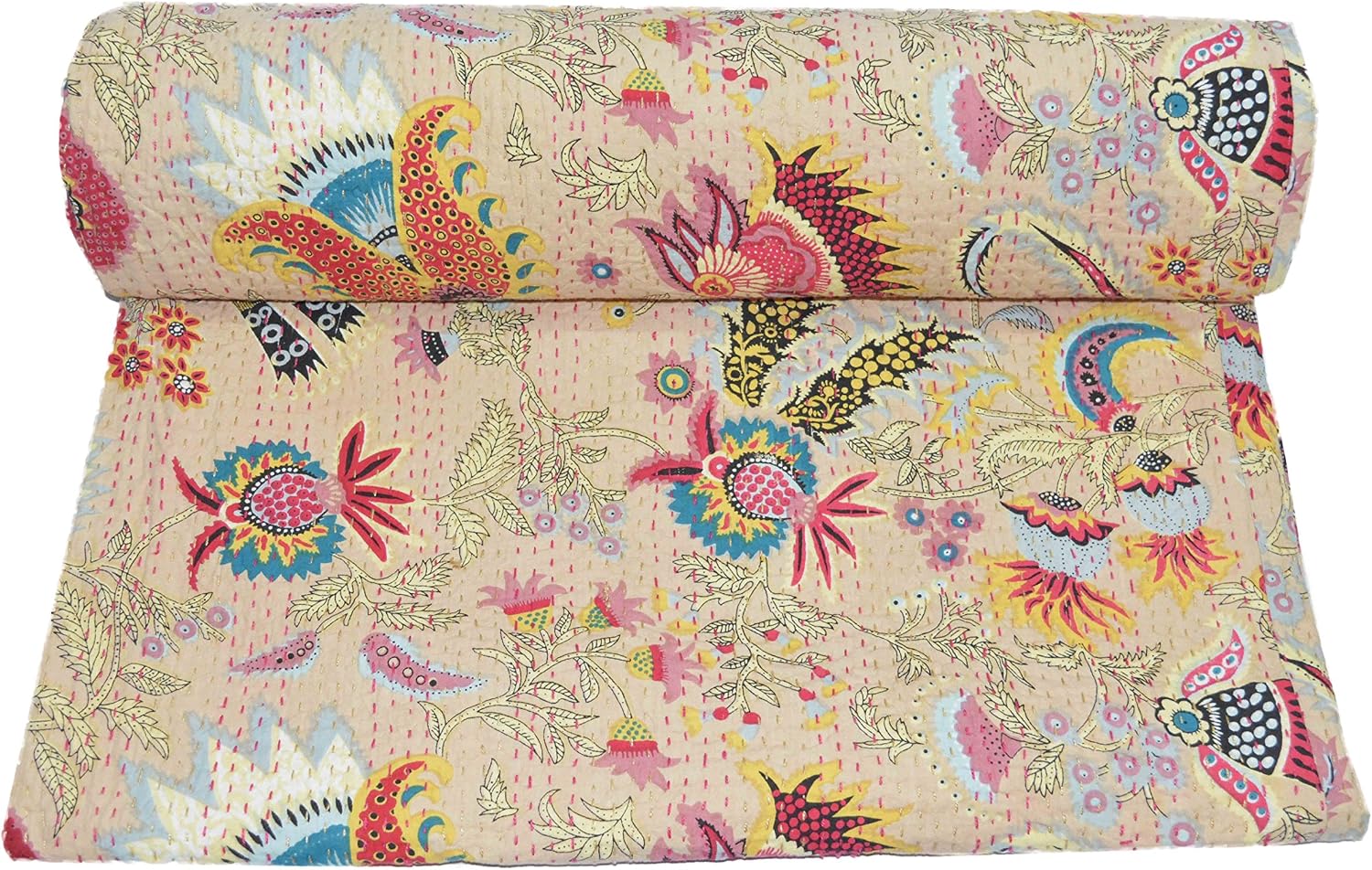 Sophia-Art Beige Multicolor Mukut Print King Size Kantha Quilt, Blanket, Bed Cover, King Bedspread, Bohemian Bedding Size 90x108 Inch