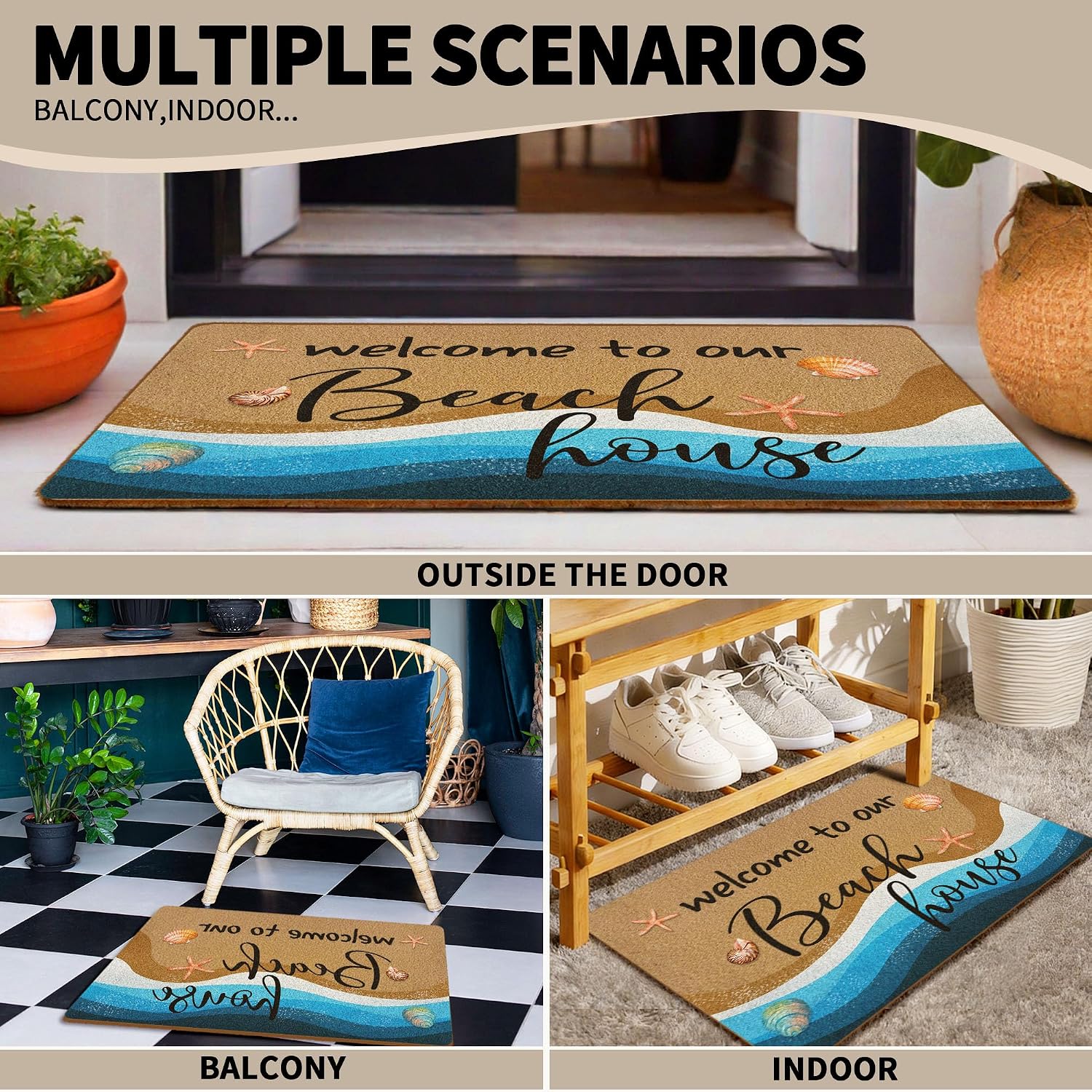 Summer Beach Welcome Door Mat, Coastal Coir Doormat, Nautical Doormats, Beach House Decor, Coastal Ocean Welcome Front Door Mat Indoor Outdoor Entrance for Home Outside Front, 17x30 Inch