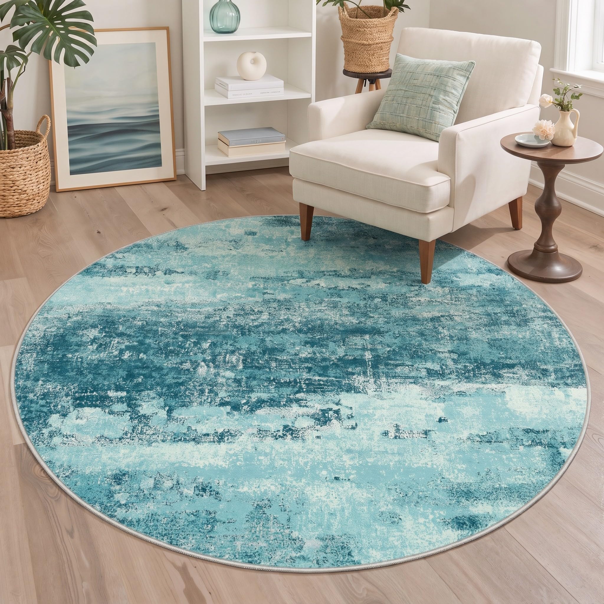 BEIMO 5FT Teal Abstract Round Rug, Washable Non-Slip for Bedroom