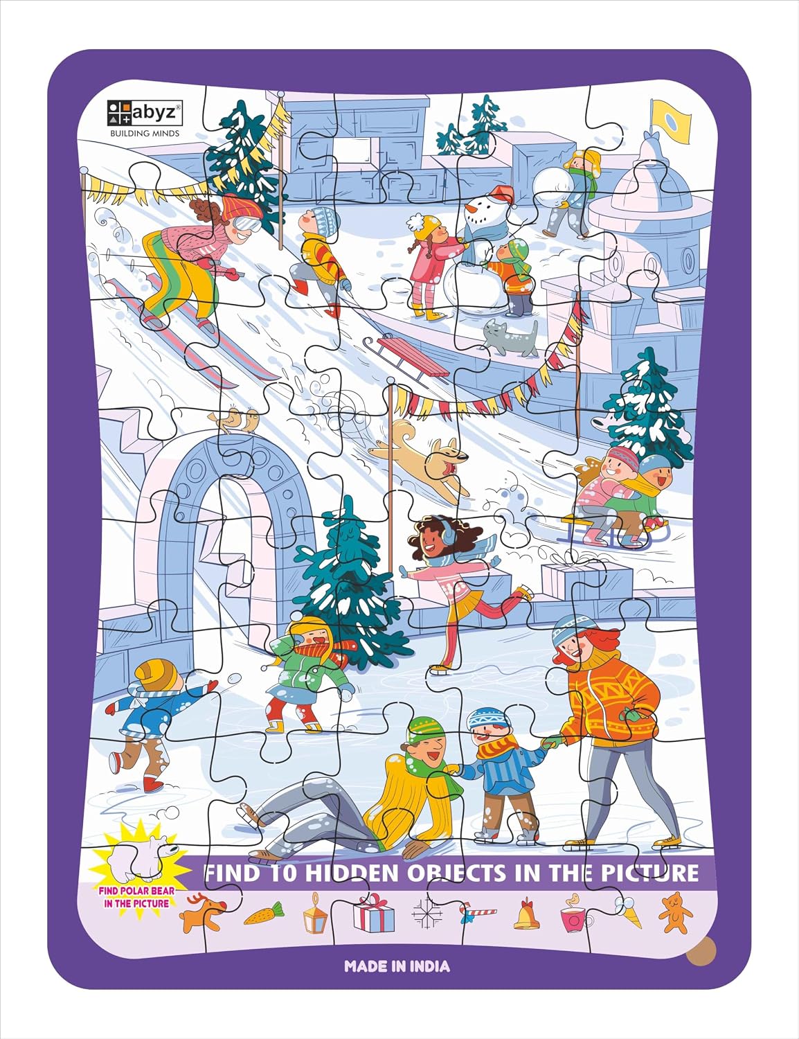ABYZ 2-in-1 Wooden Jigsaw Winter Fun with Find The Things, a Premium Wooden Puzzle with 40 Pieces.