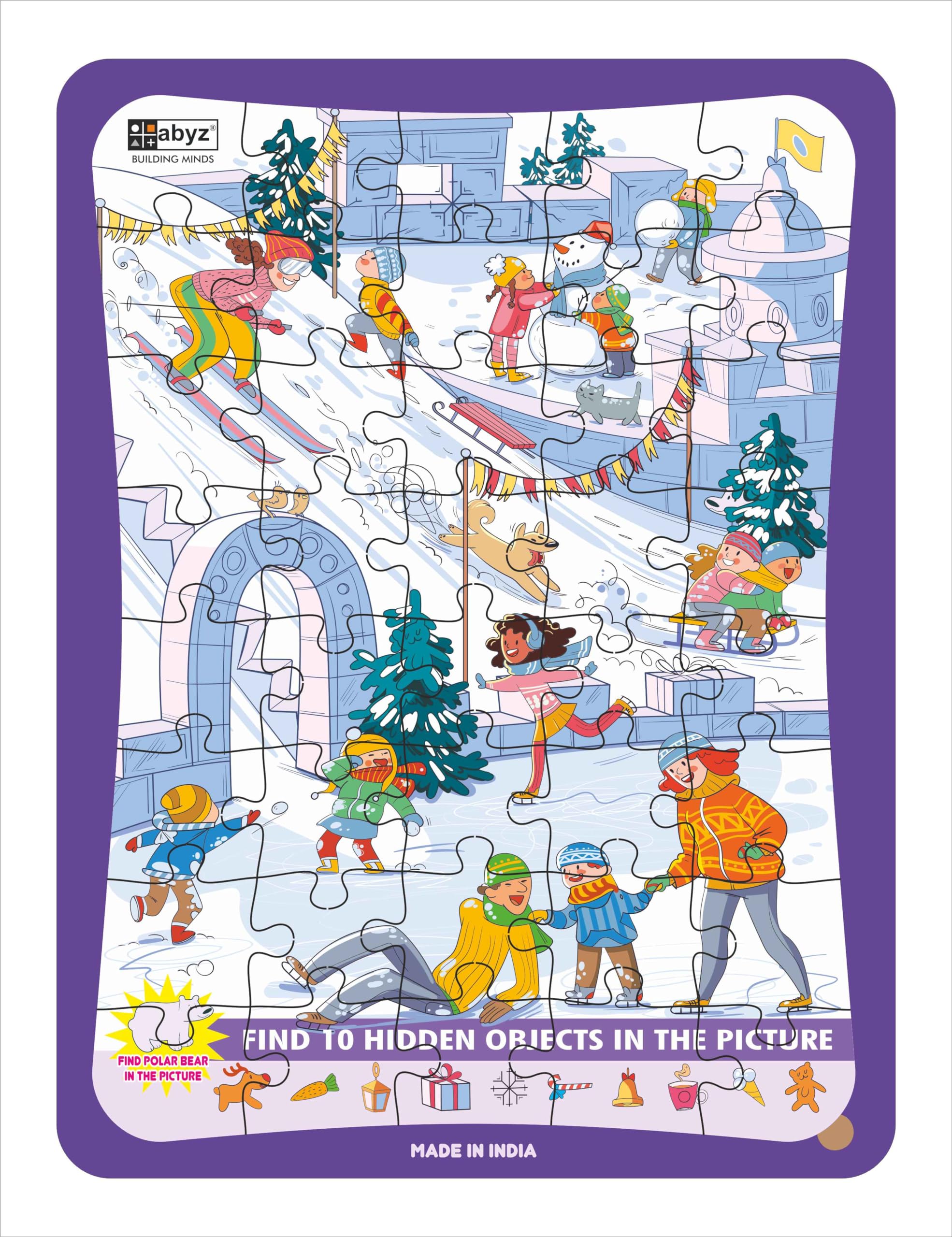 ABYZ 2-in-1 Wooden Jigsaw Winter Fun with Find The Things, a Premium Wooden Puzzle with 40 Pieces.