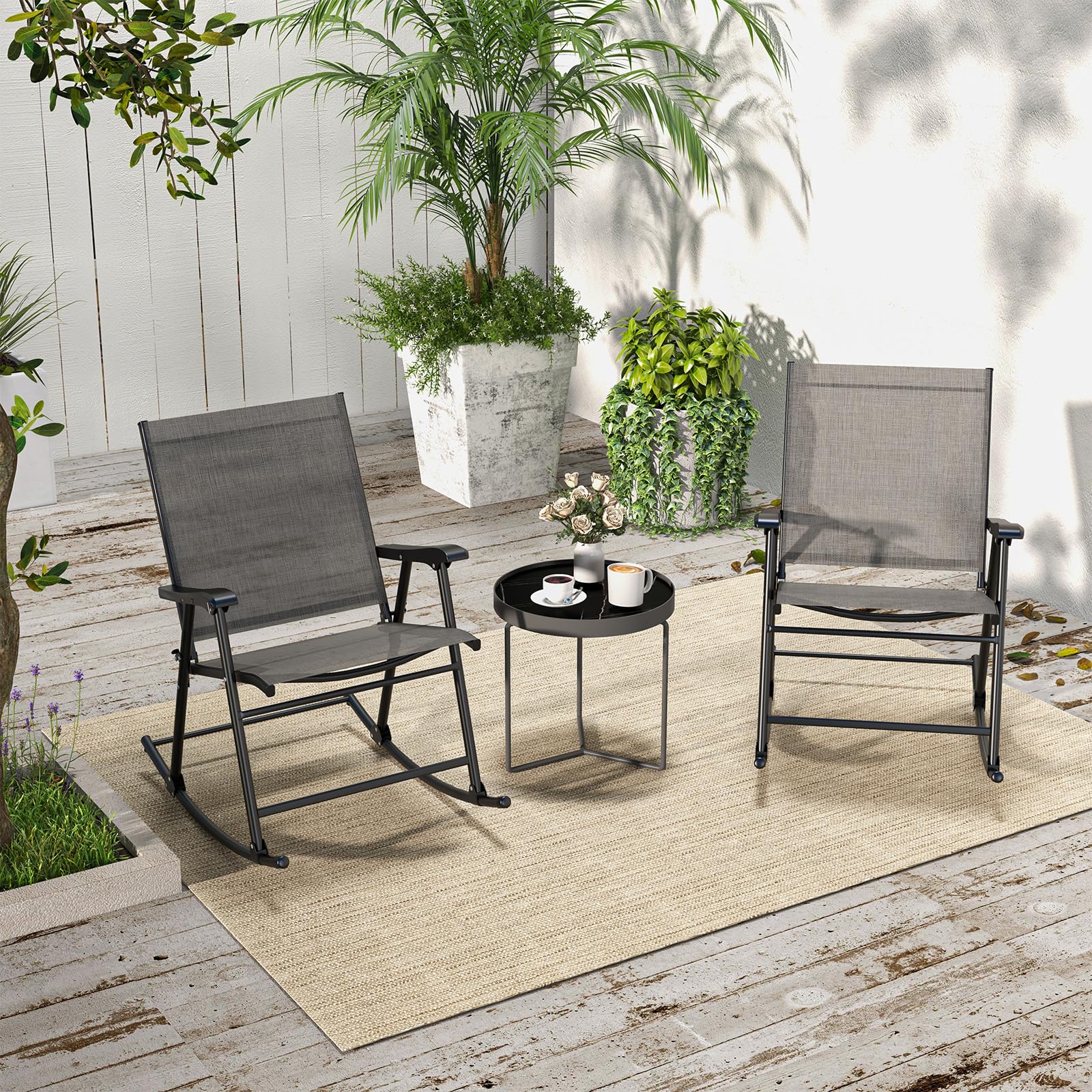 KOMFOTTEU Schaukelstühle klappbar, Gartenstühlen mit Armlehnen, Terrassenstühle Fußstütze, Balkonschaukel mit Traglast 150 kg, Klappstuhl für Terrasse, Strand