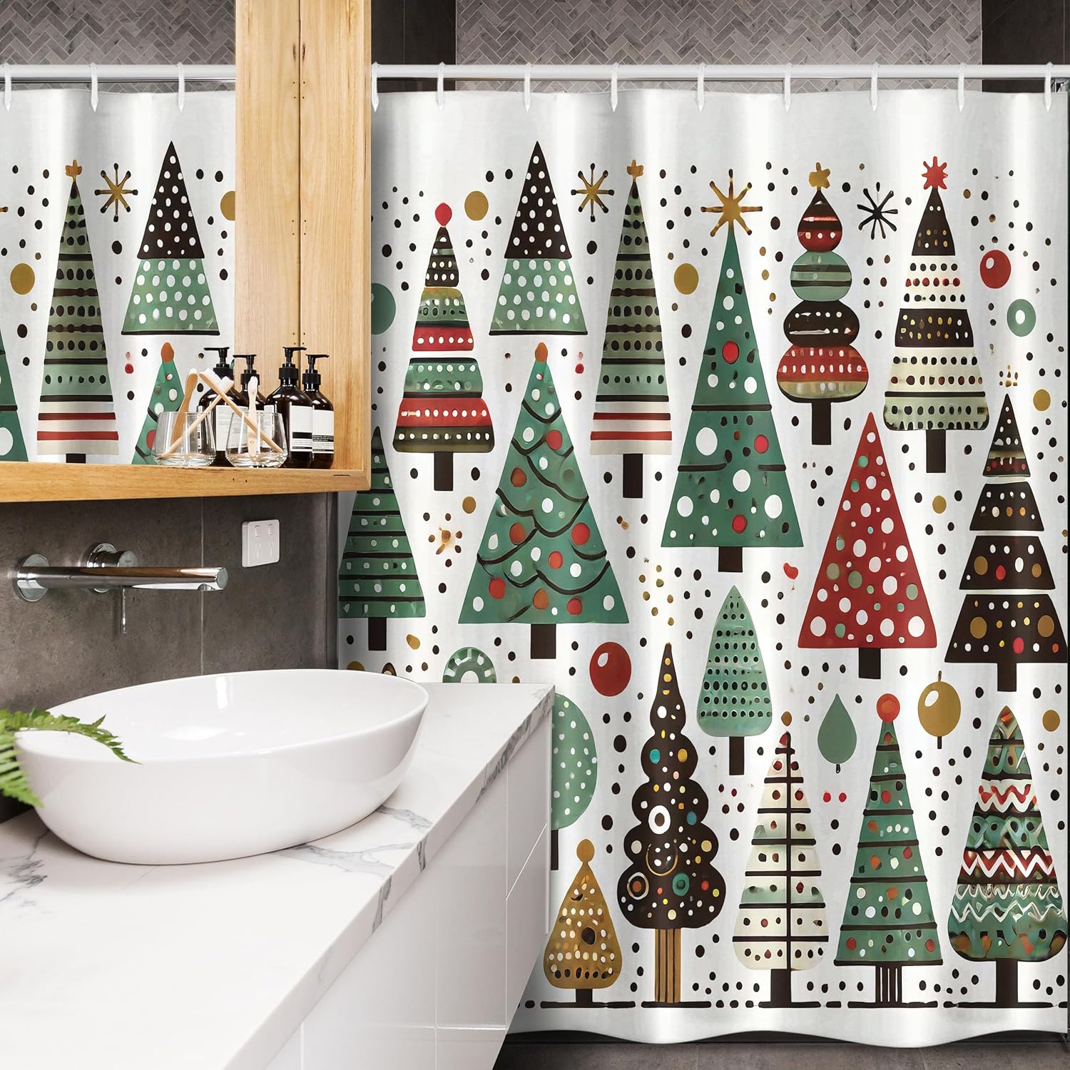 Ambesonne Christmas Stall Shower Curtain, Simple Starry Woodland Pine Trees Pattern with Dots and Triangles, Fabric Bathroom Decor Set with Hooks, 54" W x 78" L, Jade Green White Paprika