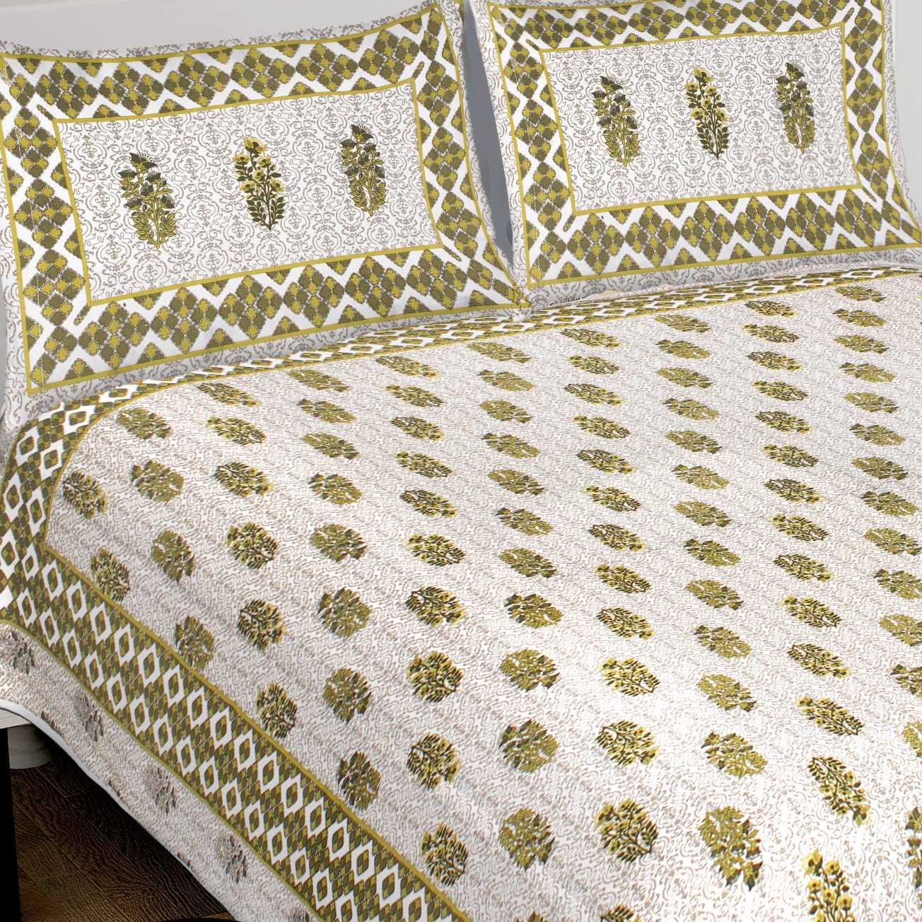 DecorVilla 100% Cotton Floral Printed Bedsheet 260 Thread Count with Two Pillow Covers GreenTEC_081