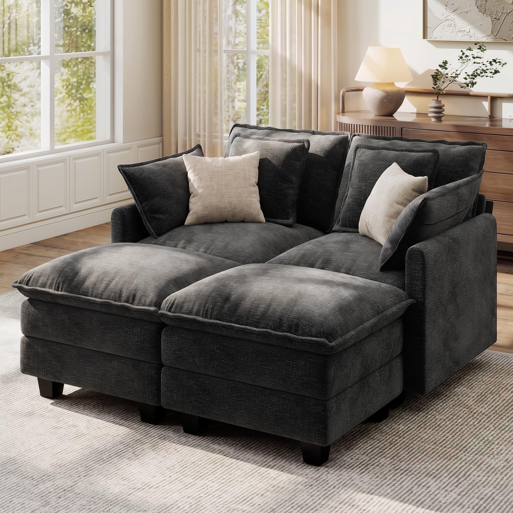Ihanherry 57" Modular Sectional Cloud Sofa, Convertible Sofa Bed 4 Seat Chenille Couch with Movable Ottomans and 48" Deep Seat, Couches for Living Room, Black