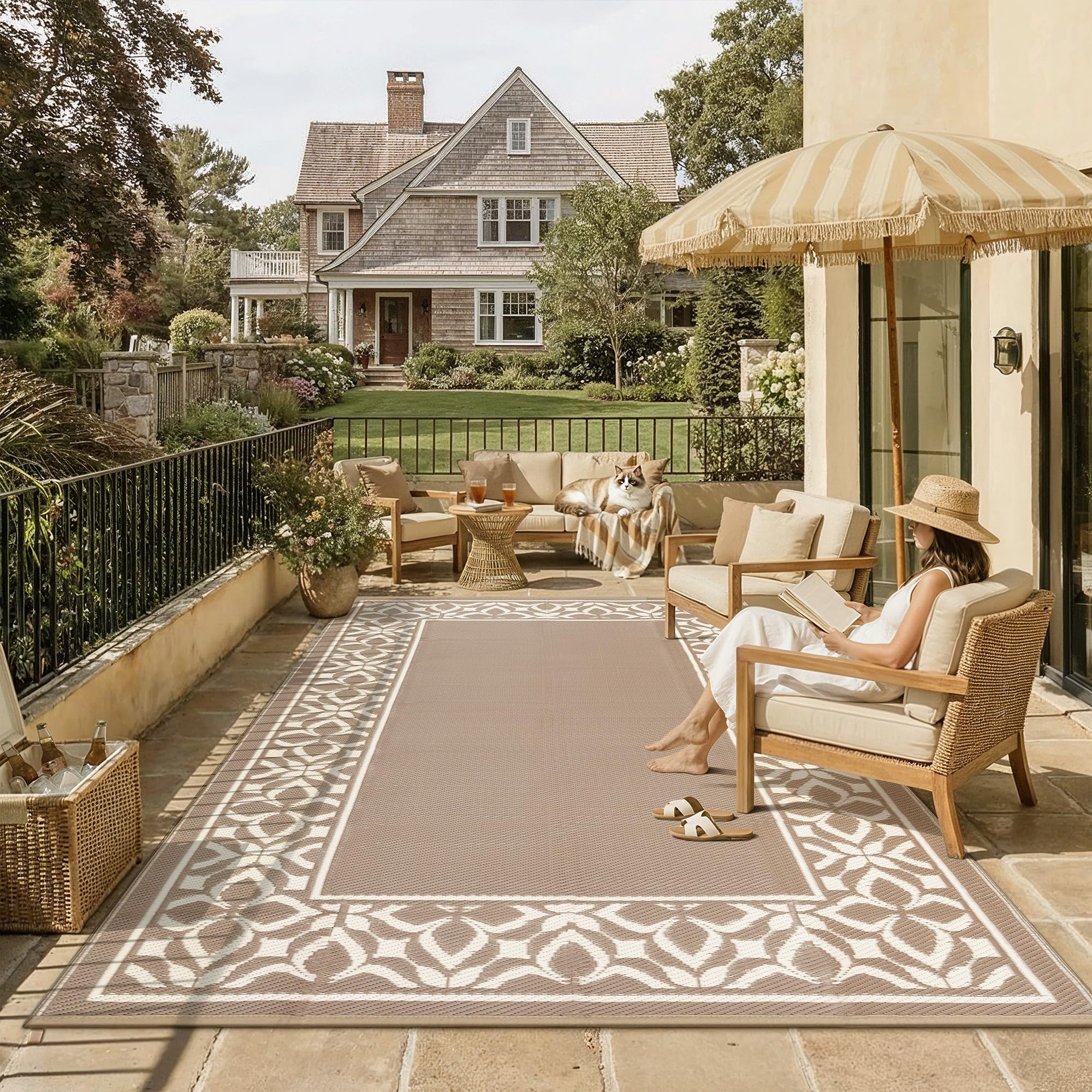 PureCozy Outdoor Plastic Straw Rug Brown/Beige Large Outside Waterproof Outdoor Patio 8x10 Carpet Geometric Reversible Mat Modern for Camping RV Porch Deck Balcony Beach