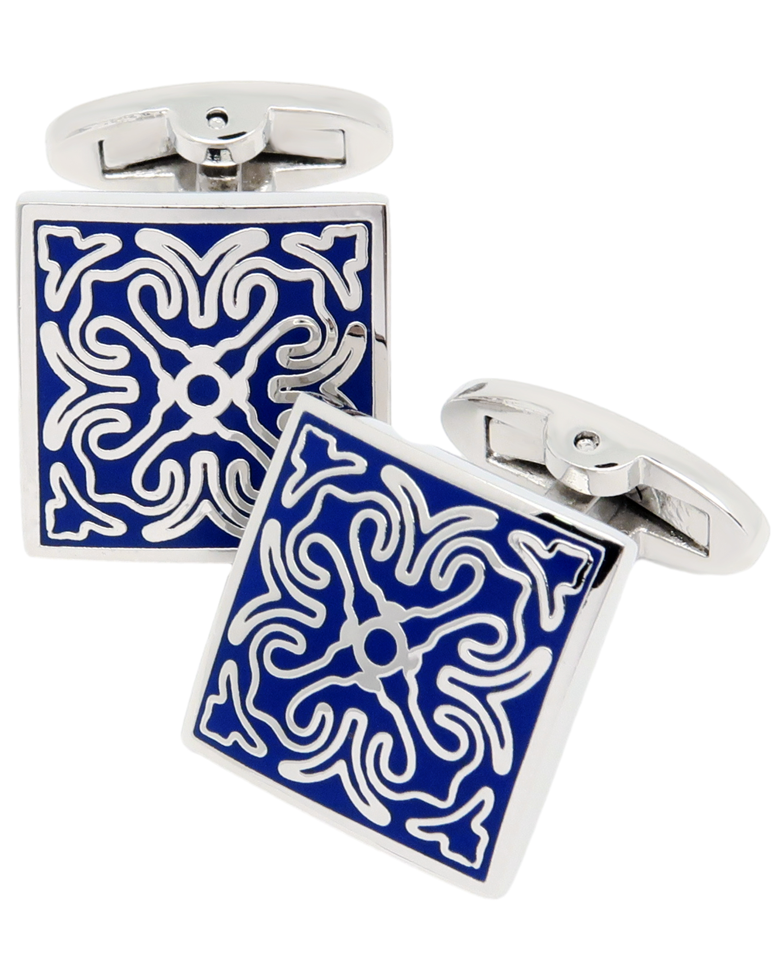 Mancuernillas cuadradas vintage con patrón azul para hombres miniatura 7