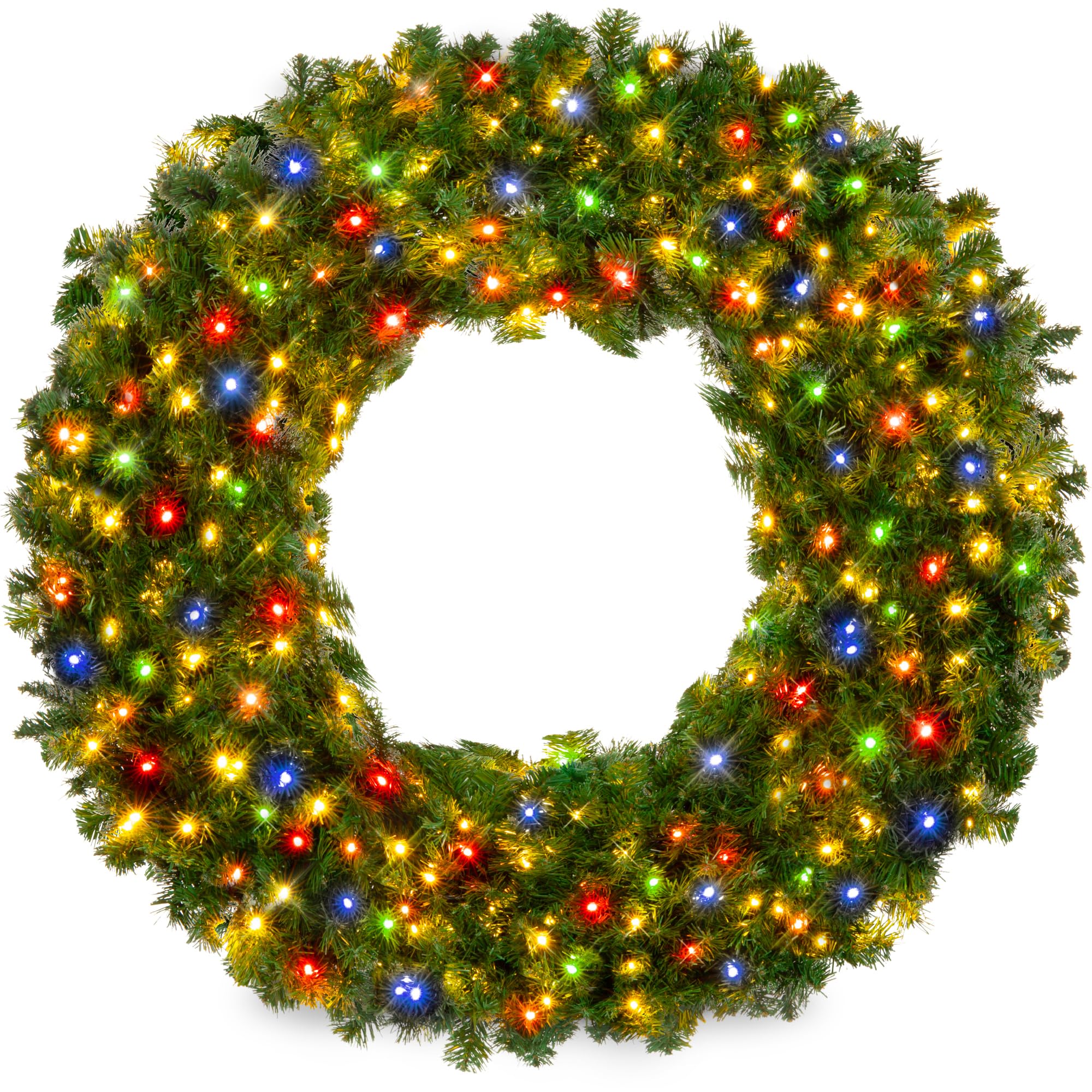 Best Choice Products 30in Large Artificial Pre-Lit Fir Christmas Wreath Holiday Accent Decoration w/ 100 Multicolor Lights, 220 PVC Tips