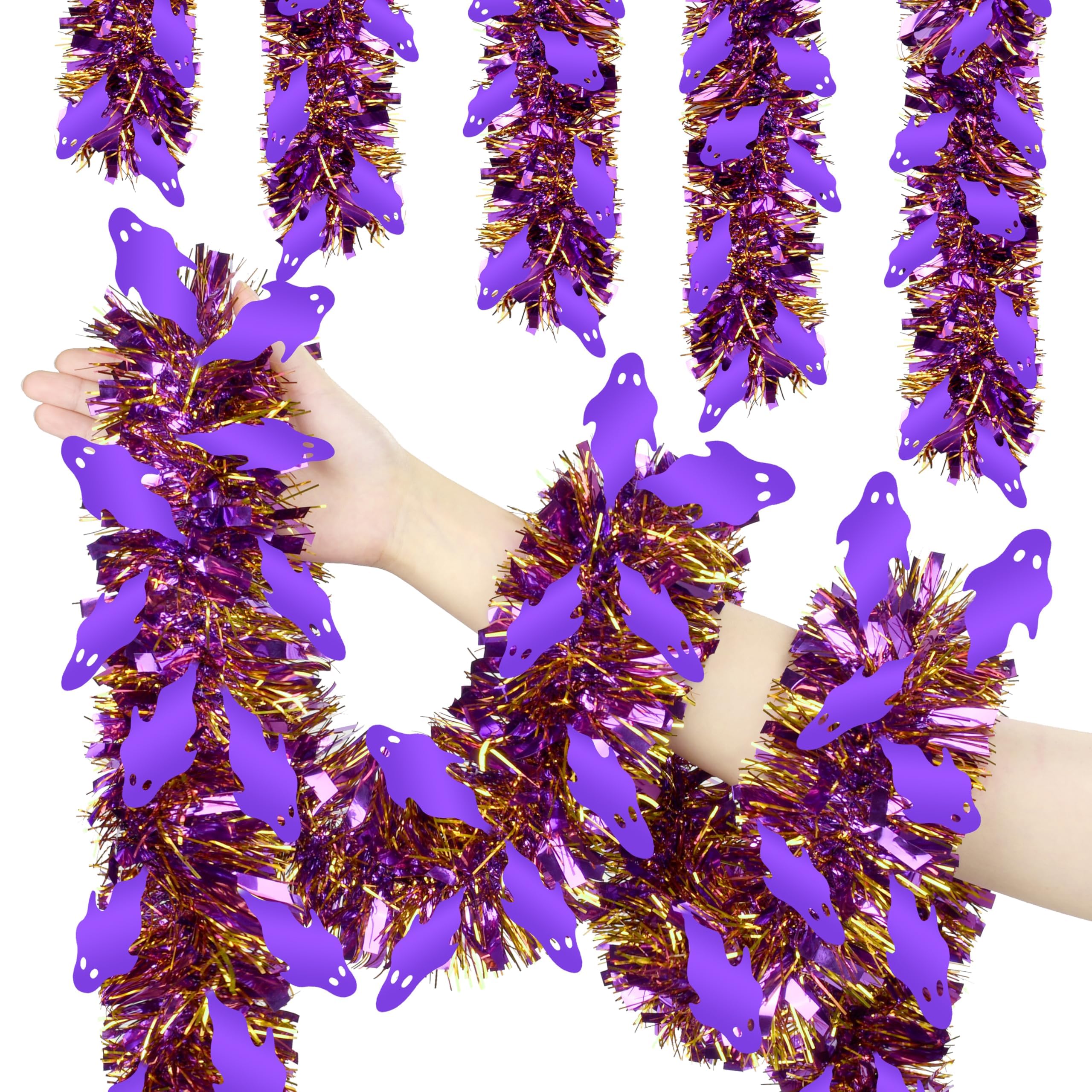 50 Ft Halloween Tinsel Garland, Mixed Color Glitter Tinsel Garlands with Purple Ghost Metallic Holiday Hanging Streamers for Halloween Indoor Outdoor Party Decor