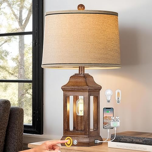 Miniatura 13 de Juego de 2 lámparas de mesa industriales de granja de 28 pulgadas - Lámparas rústicas de mesita de noche con puertos USB A+C duales, lámparas de