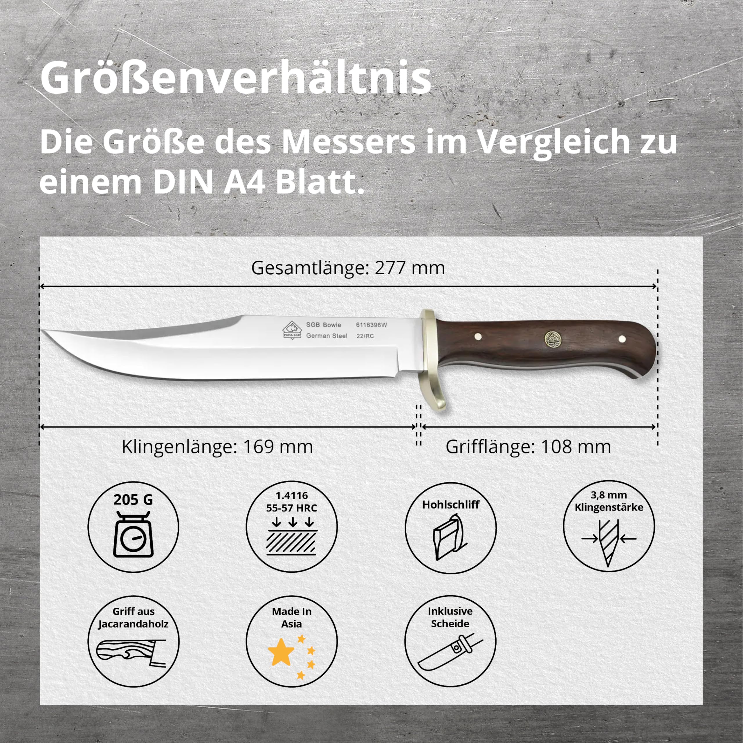 Puma SGB – Bowie Messer - Griff aus echtem Jacarandaholz - 169mm Klinge aus deutschem Stahl 1.4116 - Vollerl-Konstruktion mit massiven Messingbeschlägen - Inklusive Lederscheide (Art.Nr.: 6116396W)
