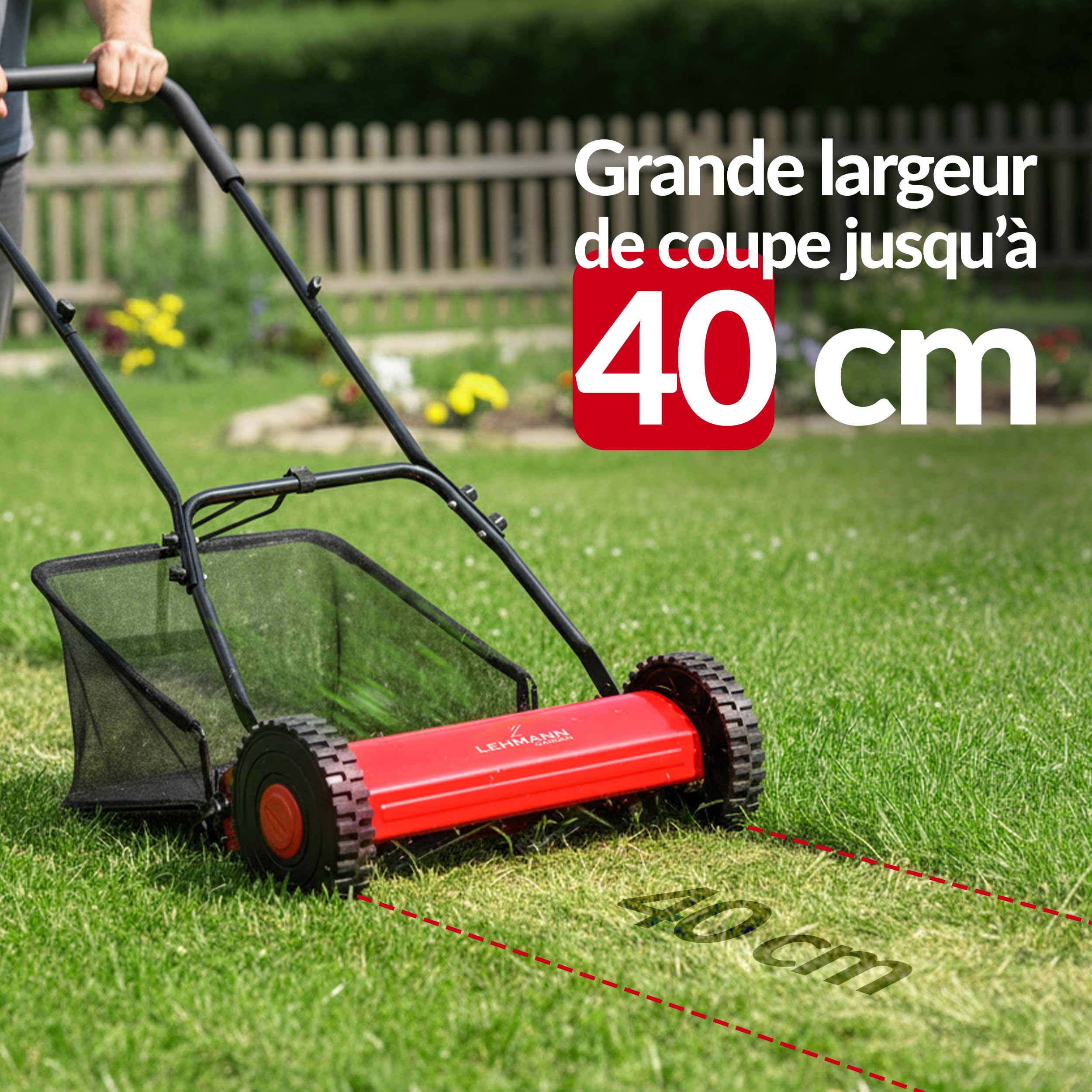 LEHMANN Tondeuse Hélicoïdale 40 cm avec bac 15 L – Tondeuse Manuelle pour pelouse sans électricité, mécanique avec 5 Lames, Hauteur de Coupe réglable 15–43 mm, poignée Pliable