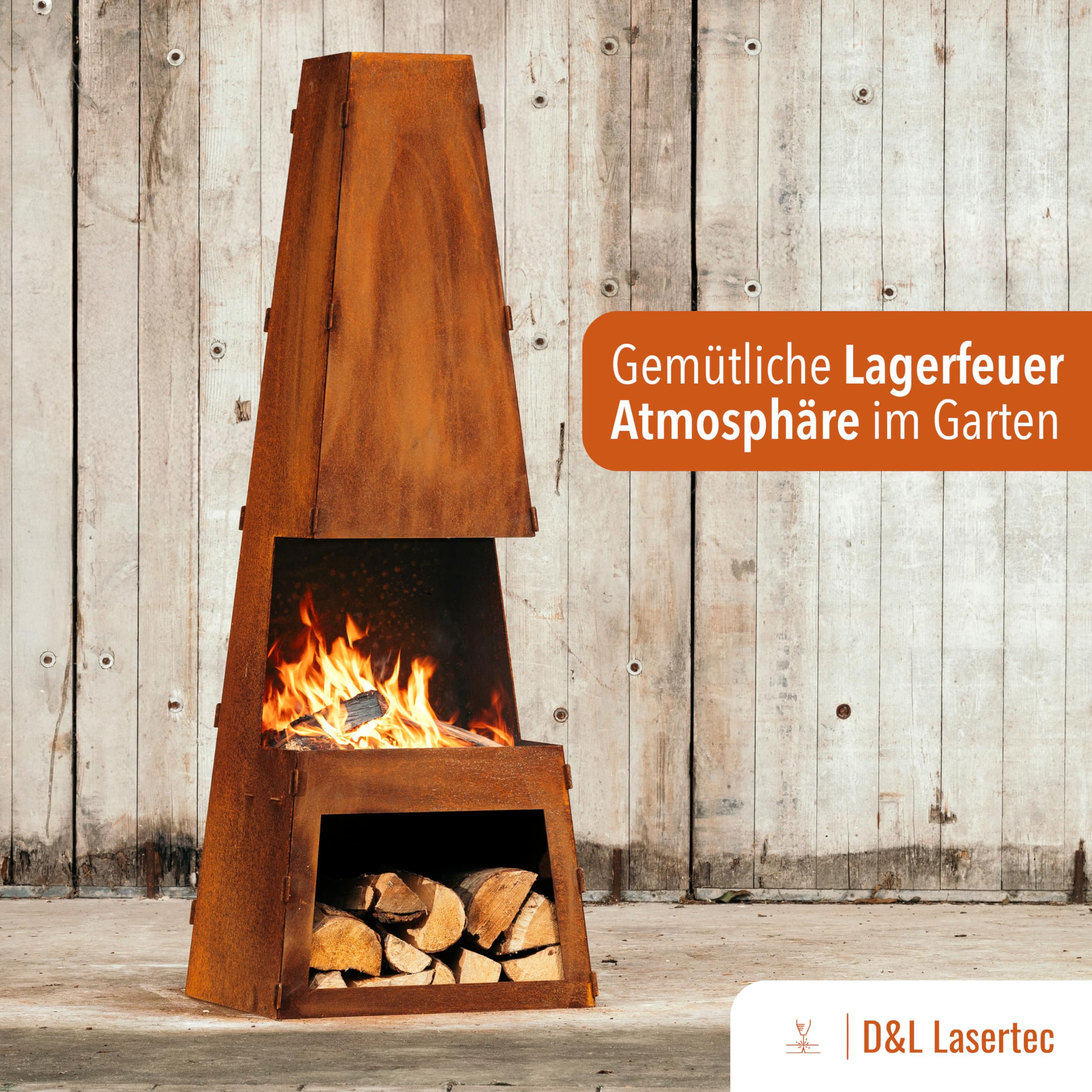 D&L Lasertec Außenkamin aus 3 mm Stahl, Edelrost-Optik, zum Selbstaufbau, Outdoor Feuerstelle