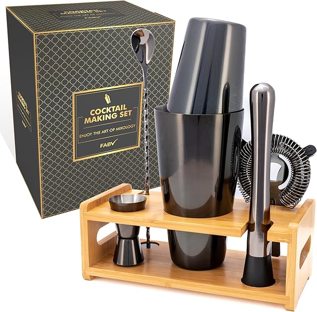 FABV Cocktail Making Set (Black) - Gift Ready Cocktail Making Set with Recipe Book - Luxury Black Cocktail Set with Stand and Boston Cocktail Shaker - Full Bartender Kit for Home & Bar