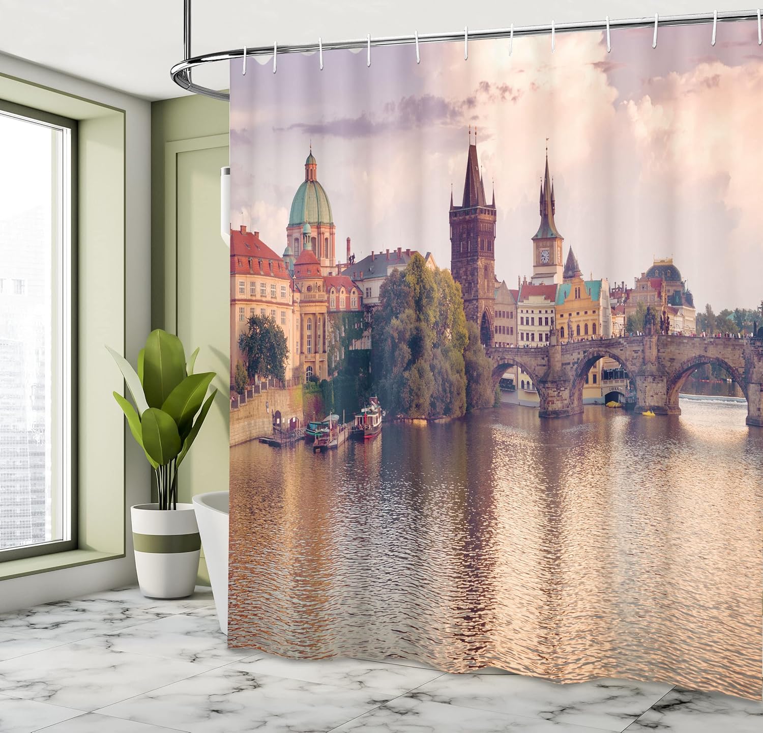 Ambesonne Landscape Shower Curtain, Pastoral View at Charles Bridge Spires of Prague Central Europe Gothic Buildings, Cloth Fabric Bathroom Decor Set with Hooks, 69" W x 70" L, Salmon Brown