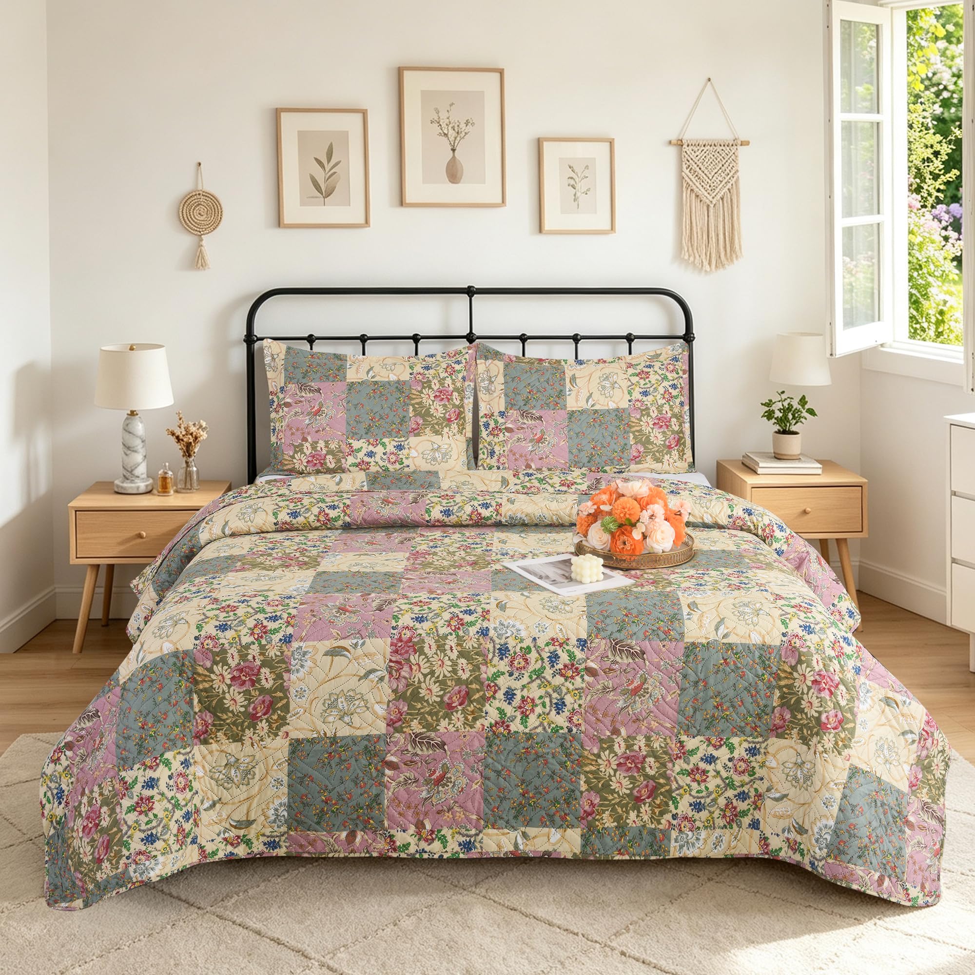 Hadi London 3Pcs Patchwork Quilted Bedspreads with 2 Shams | Reversible Floral Print | Lightweight Quilt Comfort | Fits Double and King Size Beds 220x240cm | 30 Unique Designs