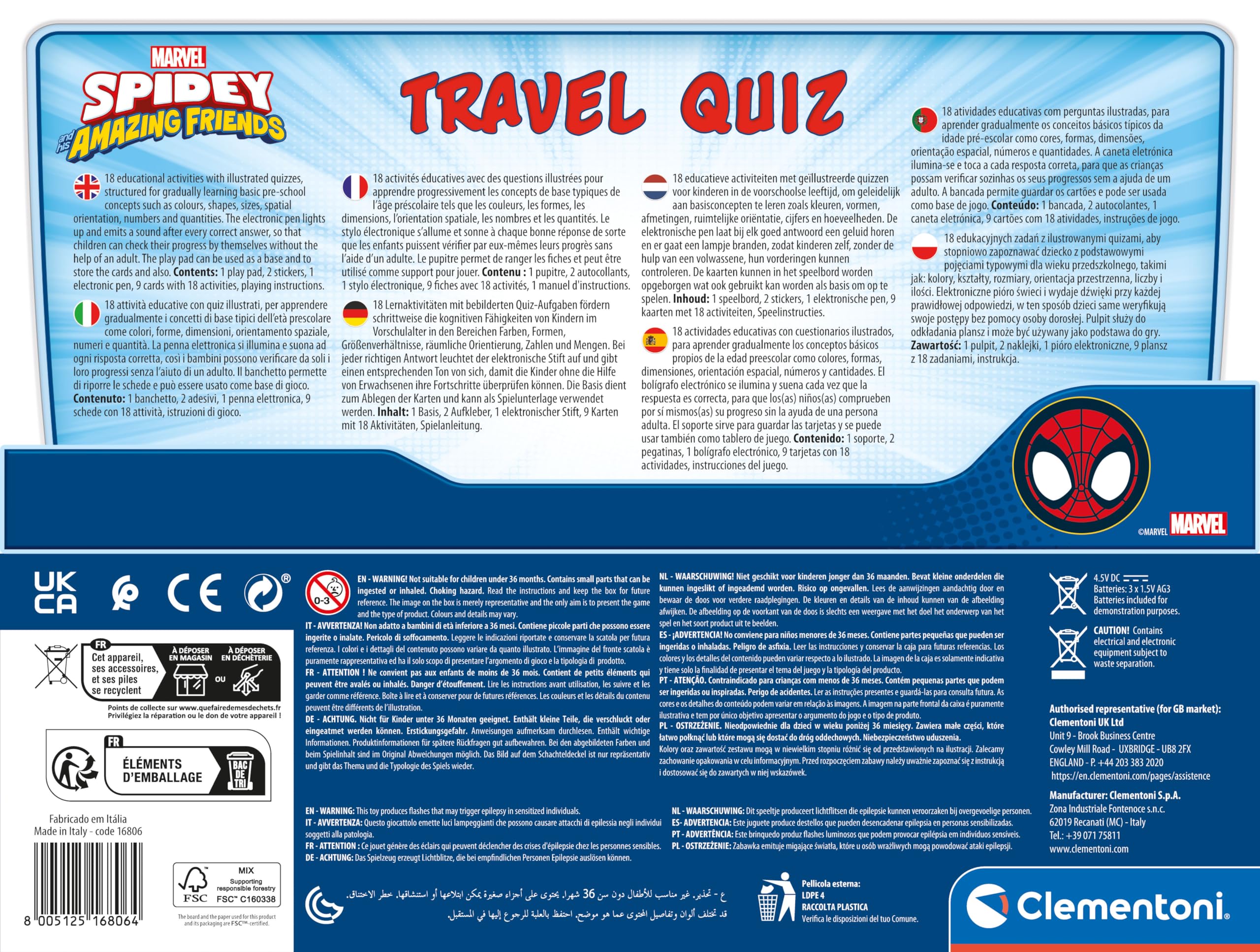 Clementoni Sapientino - Travel Quiz Marvel Spidey Amazing Friends con Penna Interattiva, Schede Educative per Bambini 4 Anni, Gioco Elettronico Parlante, Batterie Incluse, Made in Italy, 16806