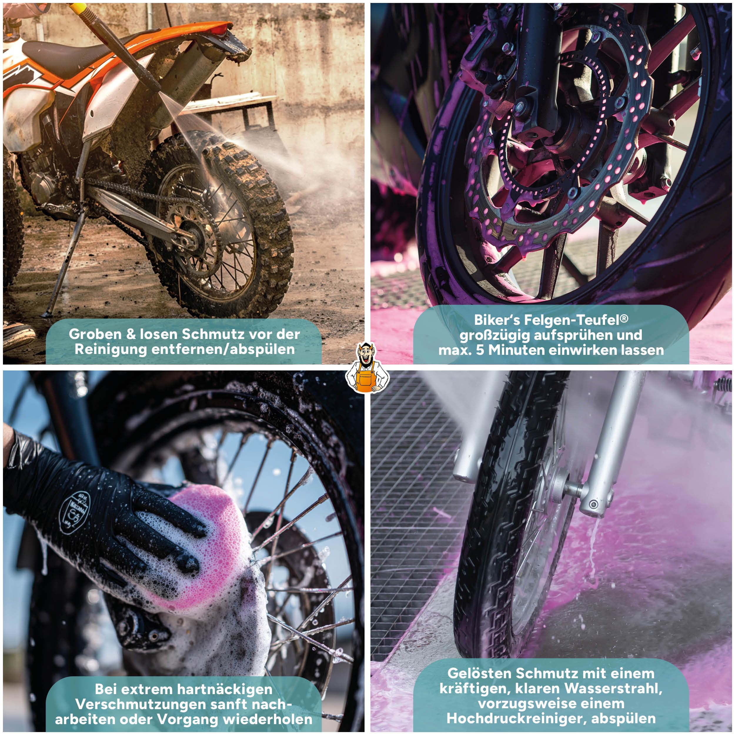 TUGA Chemie Biker's Felgen Teufel 1L Set – Felgenreiniger, Felgenbürste & Felgenpinsel
