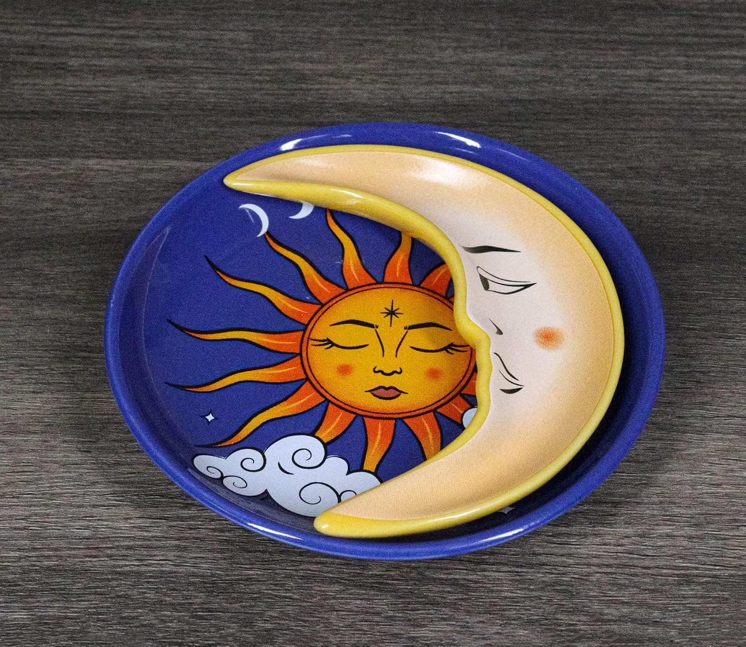 Ebros Gift Wicca Celestial Supernova Belenos Sun and Luna Moon Night Day Trinket Jewelry Dish Or Appetizer Plate Serveware Bone China Ceramic