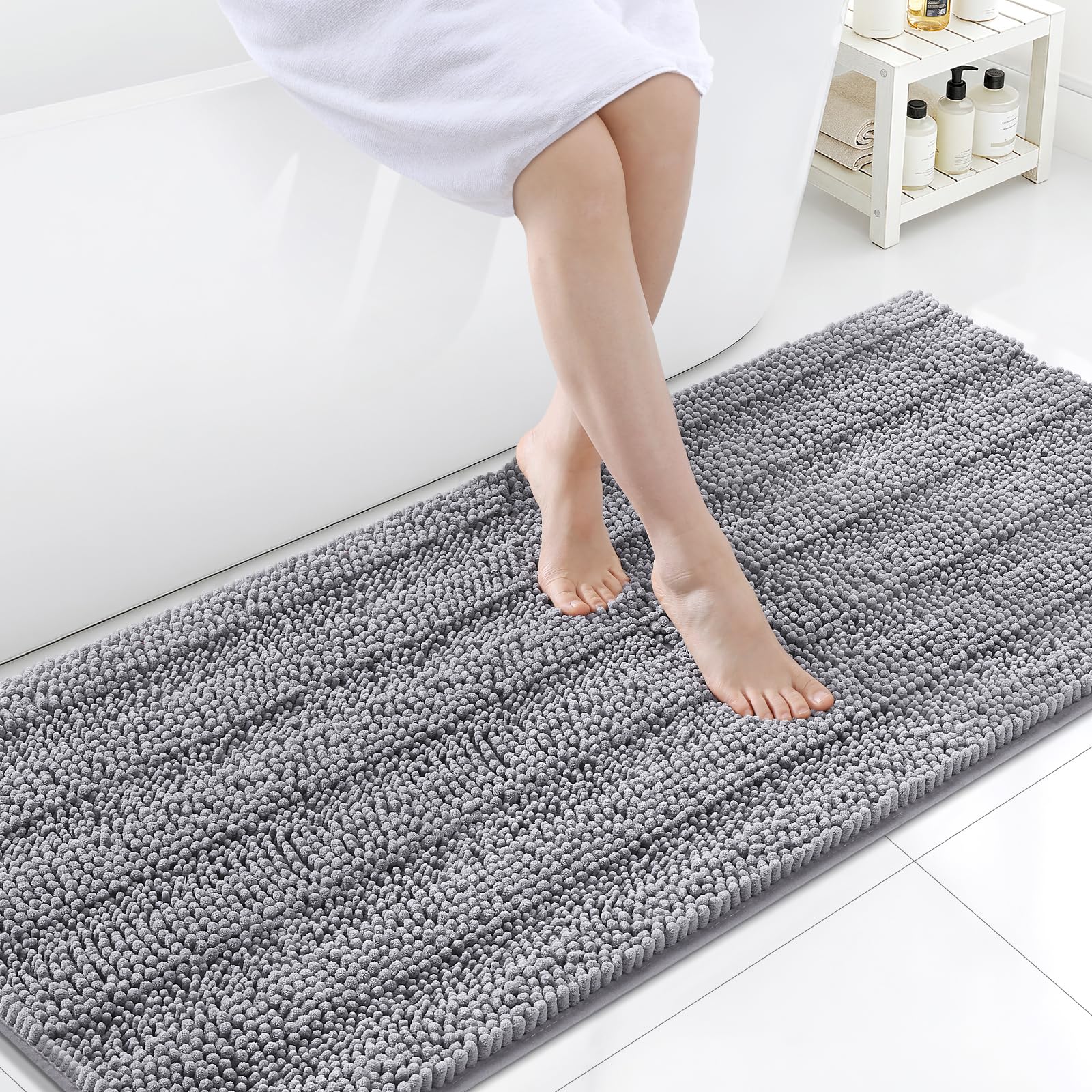 Grandaily Chenille Bathroom Rugs 59x24, Soft Absorbent Bath Mats, Grey