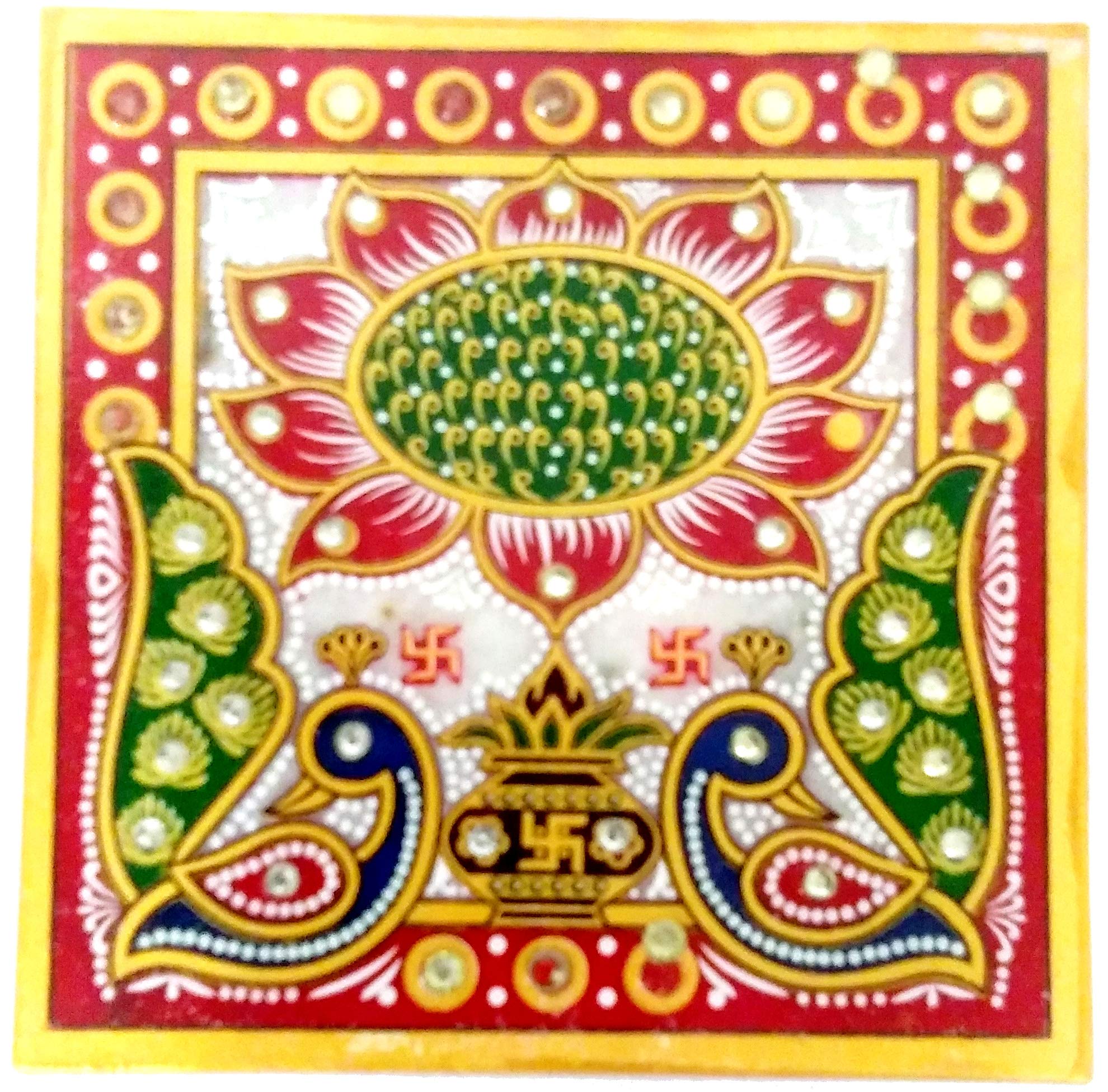 Purpledip Marble Platform (Plinth): Square Ethnic Handpainted Chowki for God Idols (11891)