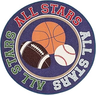 HUAHOO Kids Rug Round Fun Sport Rugs Lets Play Blue Childrens Rug Balls Print with Soccer Ball, Basketball, Football, Tennis Ball Bedroom Playroom Non Slip Bottom (39