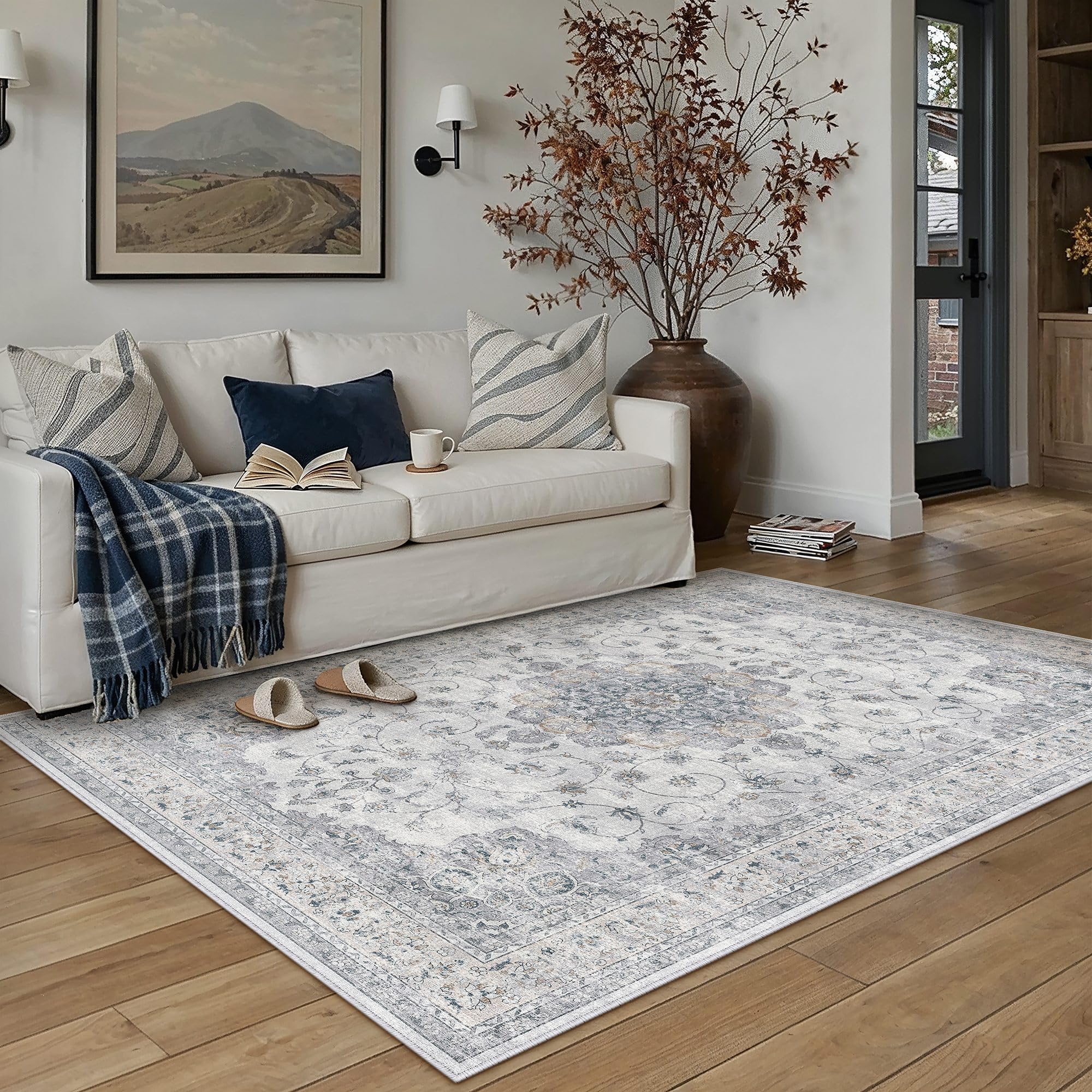 hugear machine washable area rugs 5x8 vintage blue living room bedroom rug neutral style non slip stain resistant low pile throw carpet for office home retro aesthetic modern decor