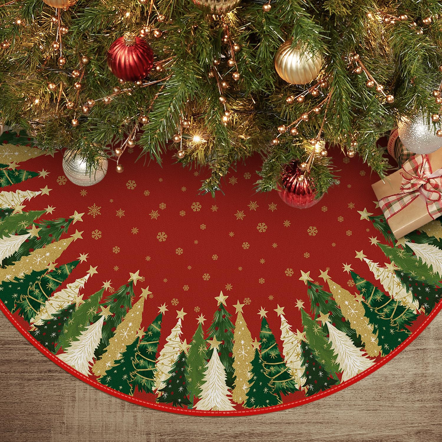 Jupe de sapin de Noël rouge brodée d'étoiles de Noël et flocons de neige 122 cm