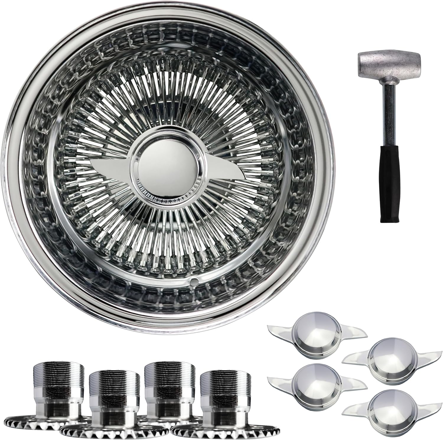 14x7 Reverse 100 Spoke Straight Lace Wire Wheels with 2 Ear/Bar Knock Off Spinner Caps + Chrome Adapters 6x5.5, 6x135 | Chrome Deep Dish Rims for Lowriders | Set of 4 + Lead Hammer