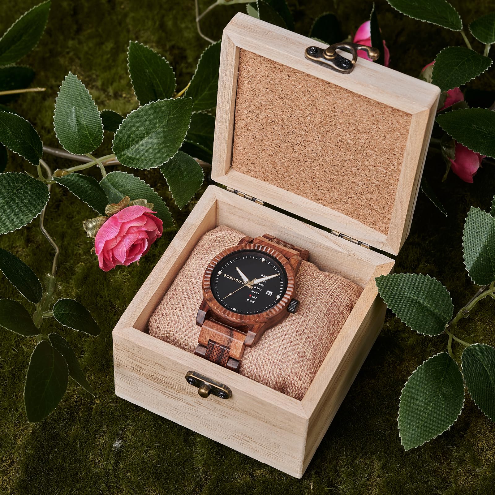 BOBO BIRD Orologio analogico al quarzo da uomo, in legno, con visualizzazione settimanale, leggero, fatto a mano, orologio da polso per uomo