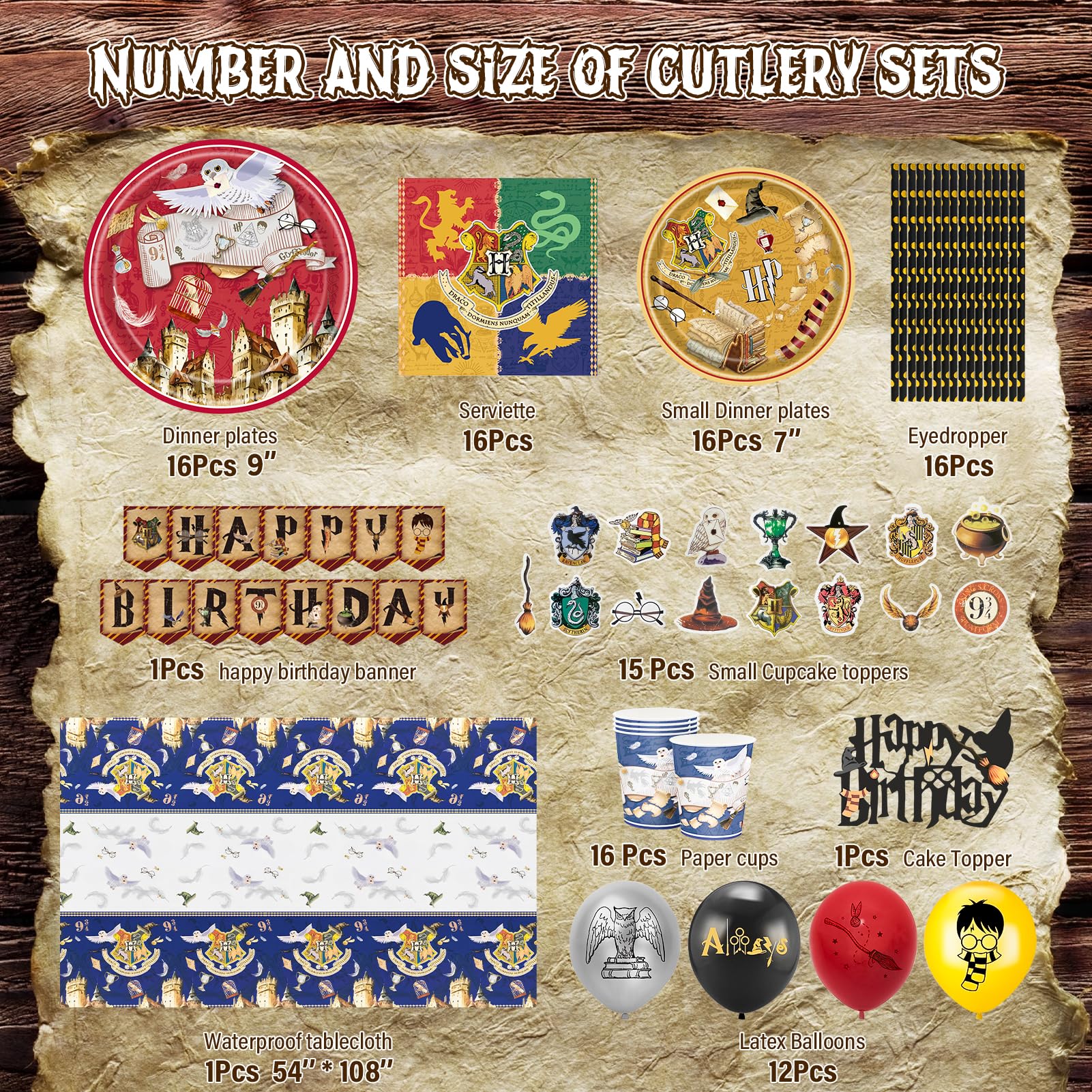 Decorazioni Compleanno Harry Potter - Set 16 Ospiti Con Stoviglie, Tovaglia, Palloncini E Torta A Tema Mago - Foto 14