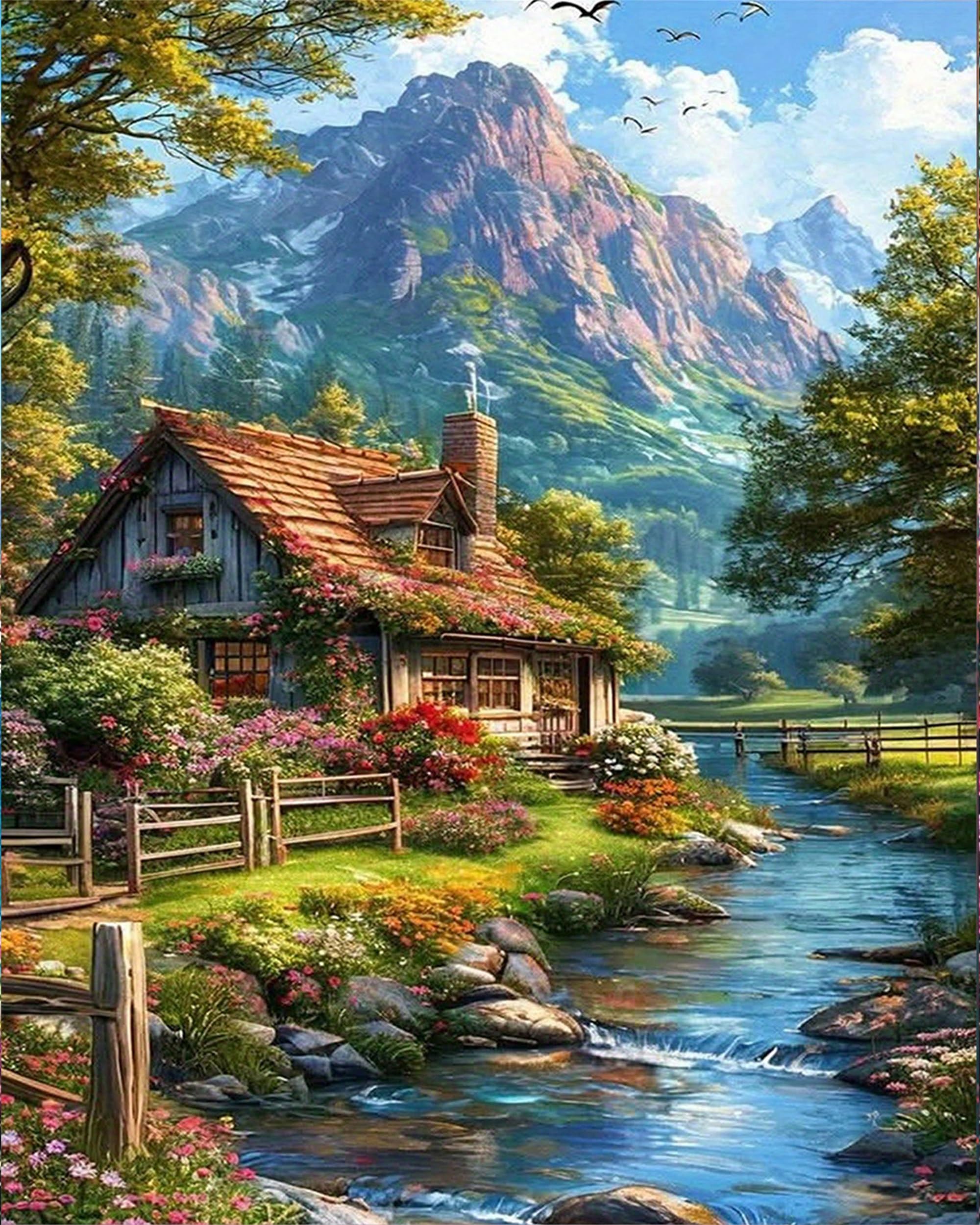 Nianxi Landscape Paint by Numbers for Adults,House Painting by Number Kits on Canvas,Easy DIY Cheerful Painting for Beginners,Home Wall Decor (Mountain Cottage)