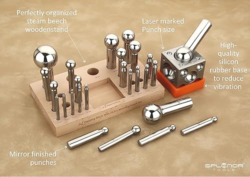 Miniatura 5 de Splenor Tools Bloque de cúpula cuadrado de acero de 2.75 pulgadas y juego de 26 perforadores a juego, para fabricación de joyas, troquel de